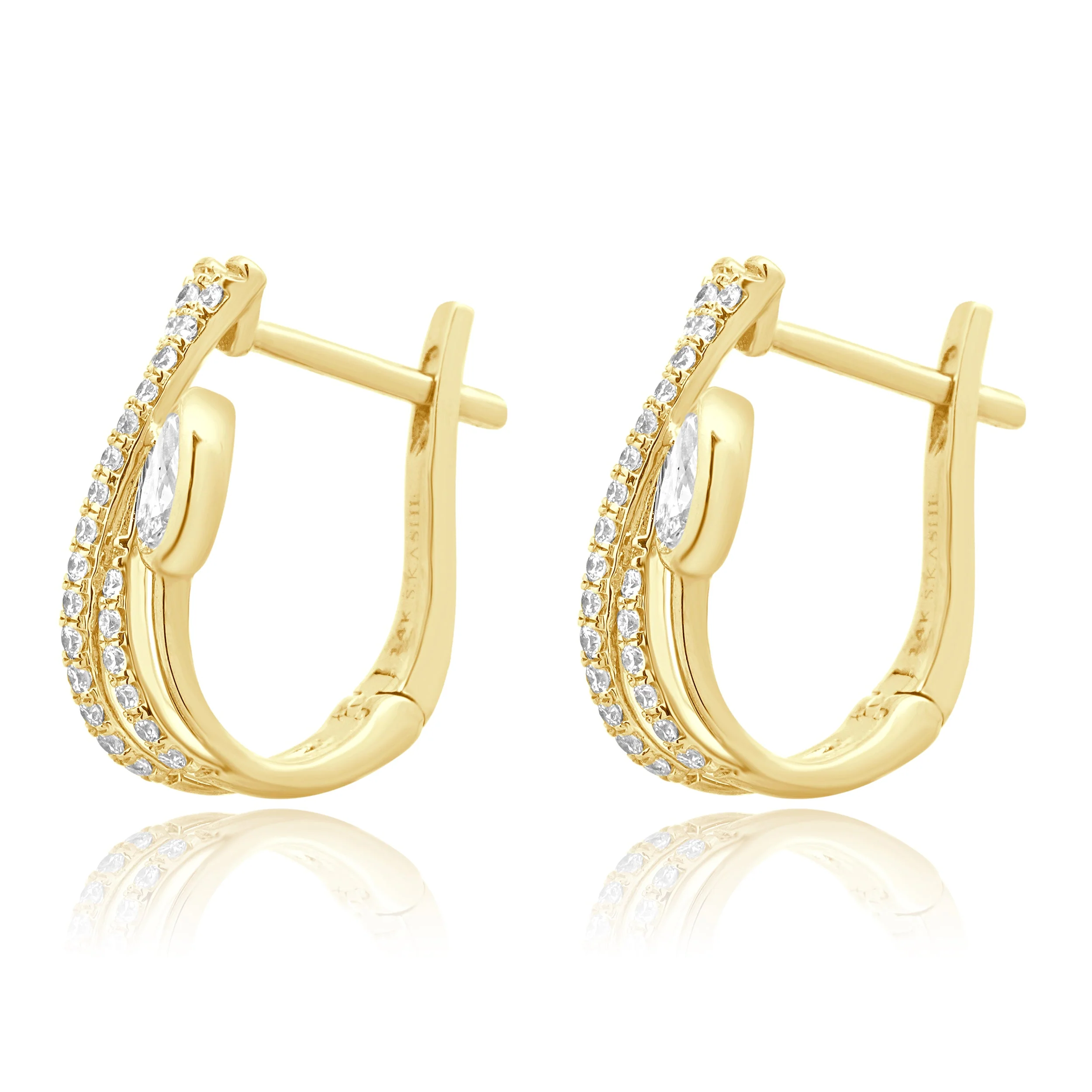 14 Karat Yellow Gold Pear Cut and Round Diamond Crossover Double Hoop Earrings - Image 2