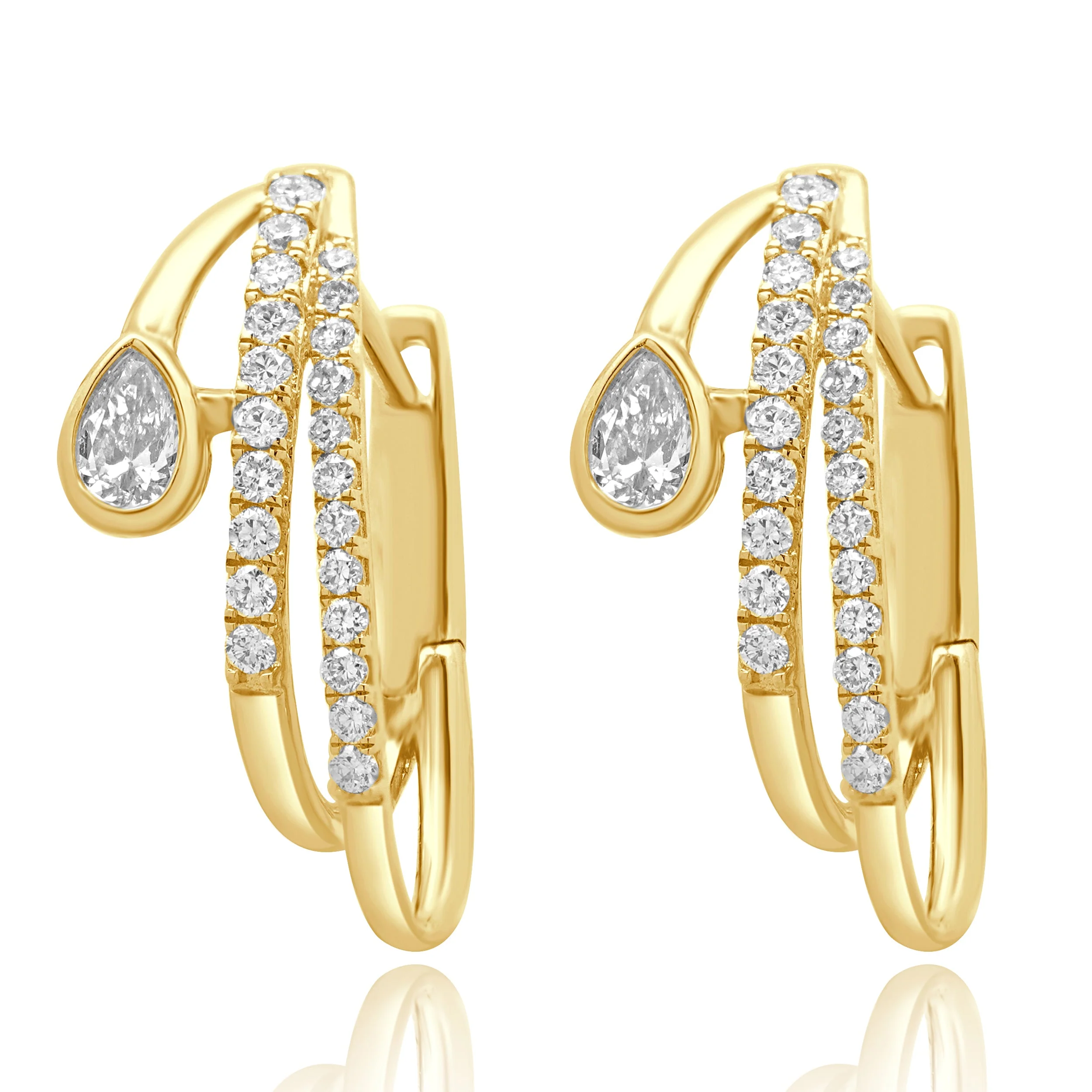 14 Karat Yellow Gold Pear Cut and Round Diamond Double Hoop Earrings