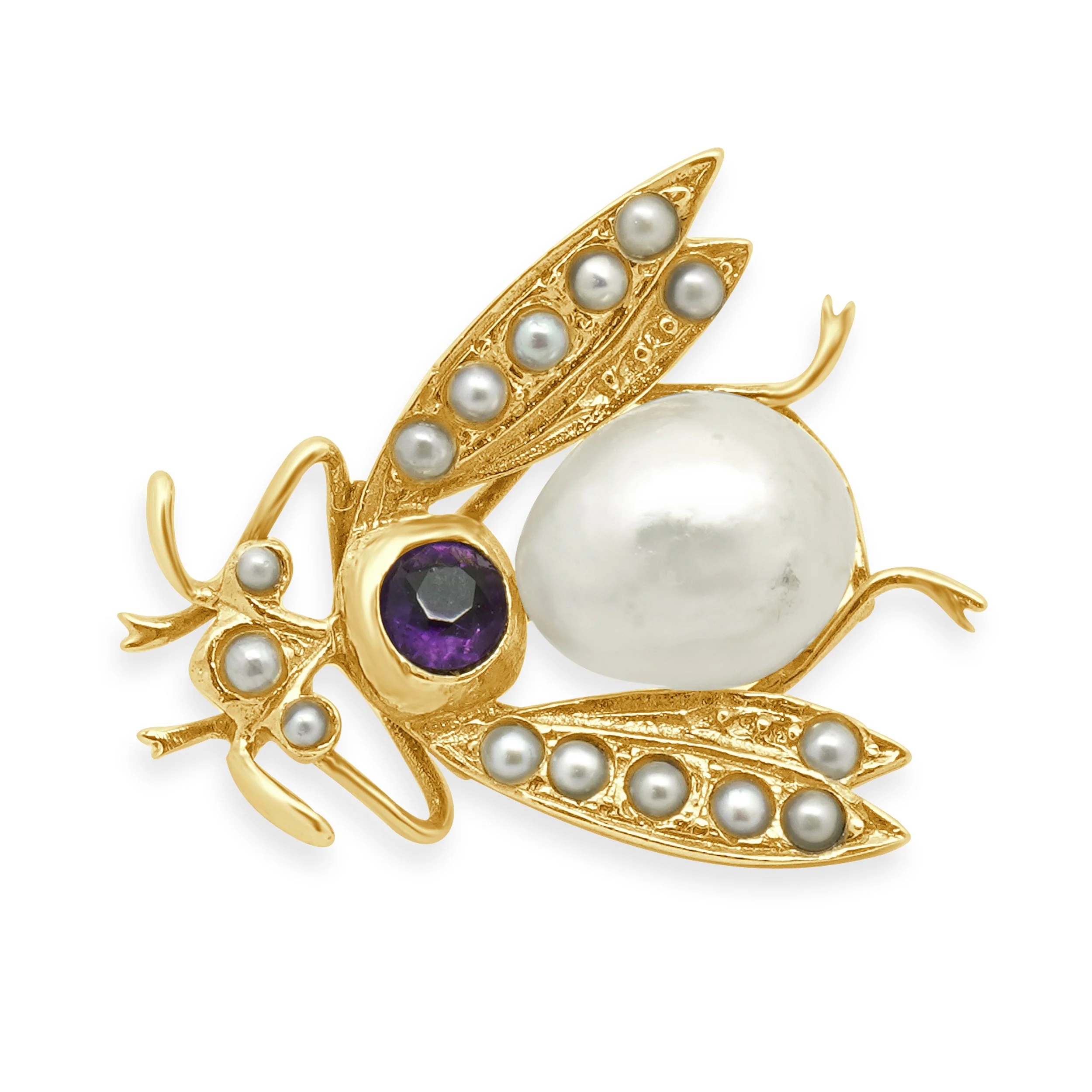 14 Karat Yellow Gold Pearl and Amethyst Bug Pin - Image 2