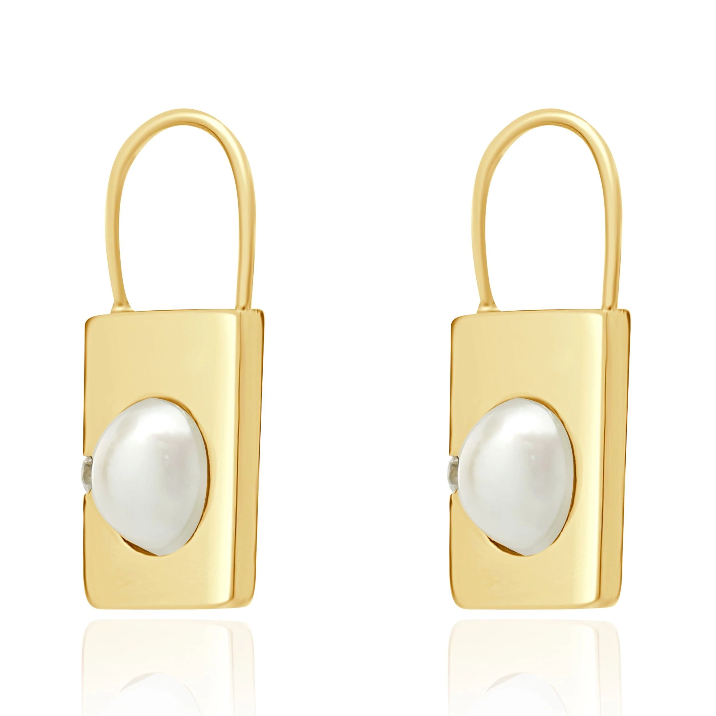 14 Karat Yellow Gold Pearl and Diamond Padlock Earrings - Image 2