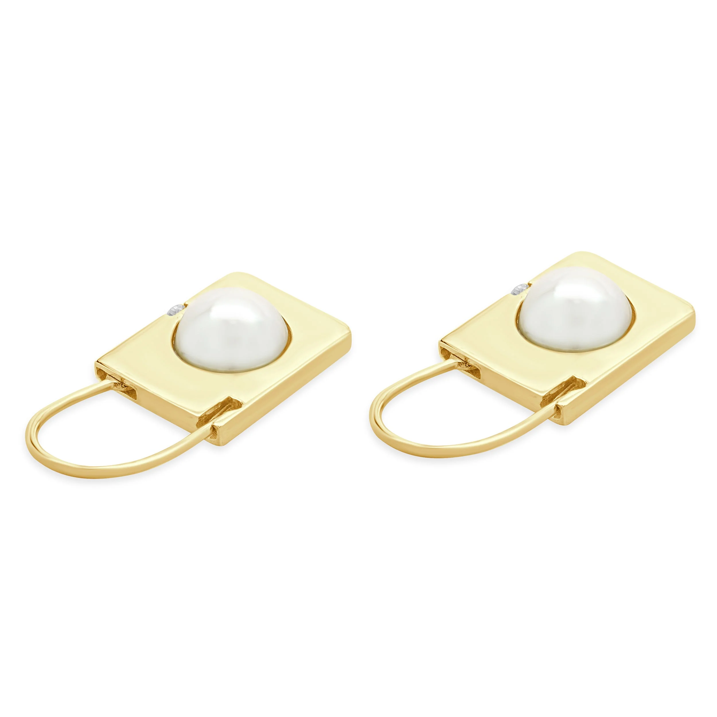 14 Karat Yellow Gold Pearl and Diamond Padlock Earrings - Image 3