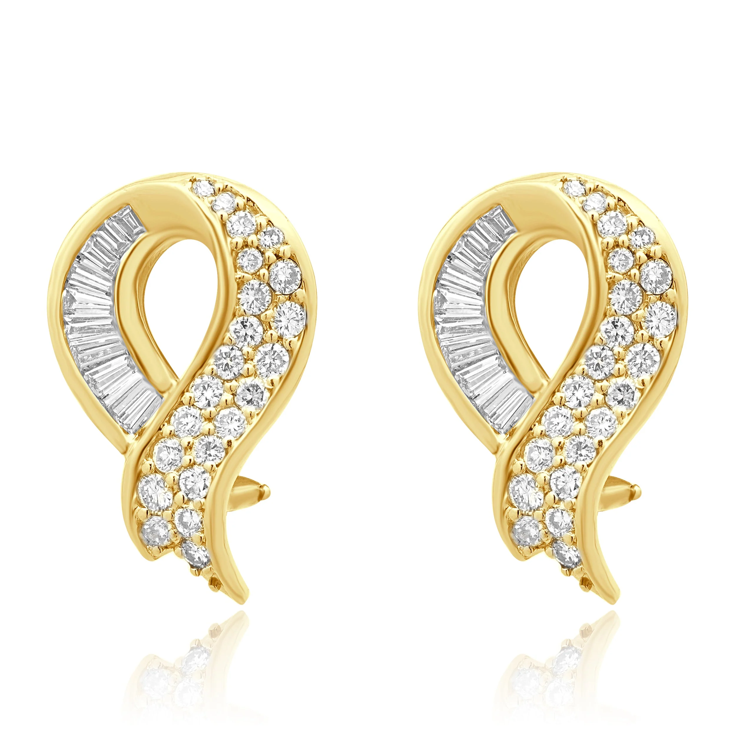14 Karat Yellow Gold Round and Baguette Cut Diamond Ribbon Earrings