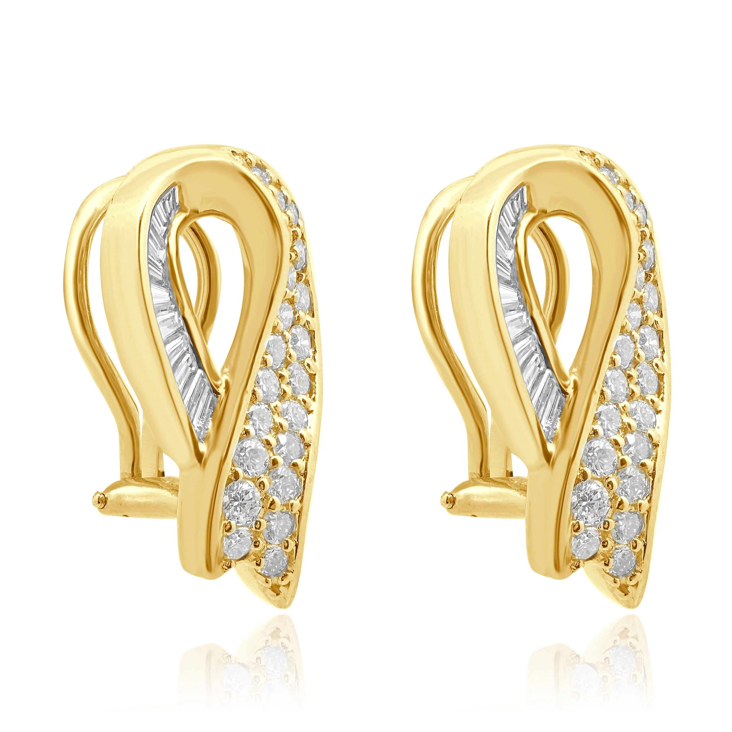 14 Karat Yellow Gold Round and Baguette Cut Diamond Ribbon Earrings - Image 3