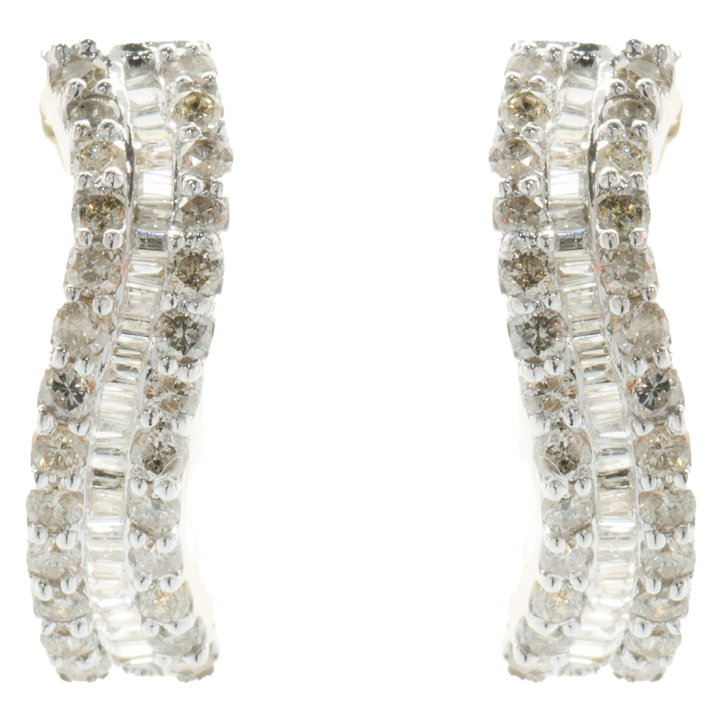 14 Karat Yellow Gold Round and Baguette Diamond Wave Hoop Earrings