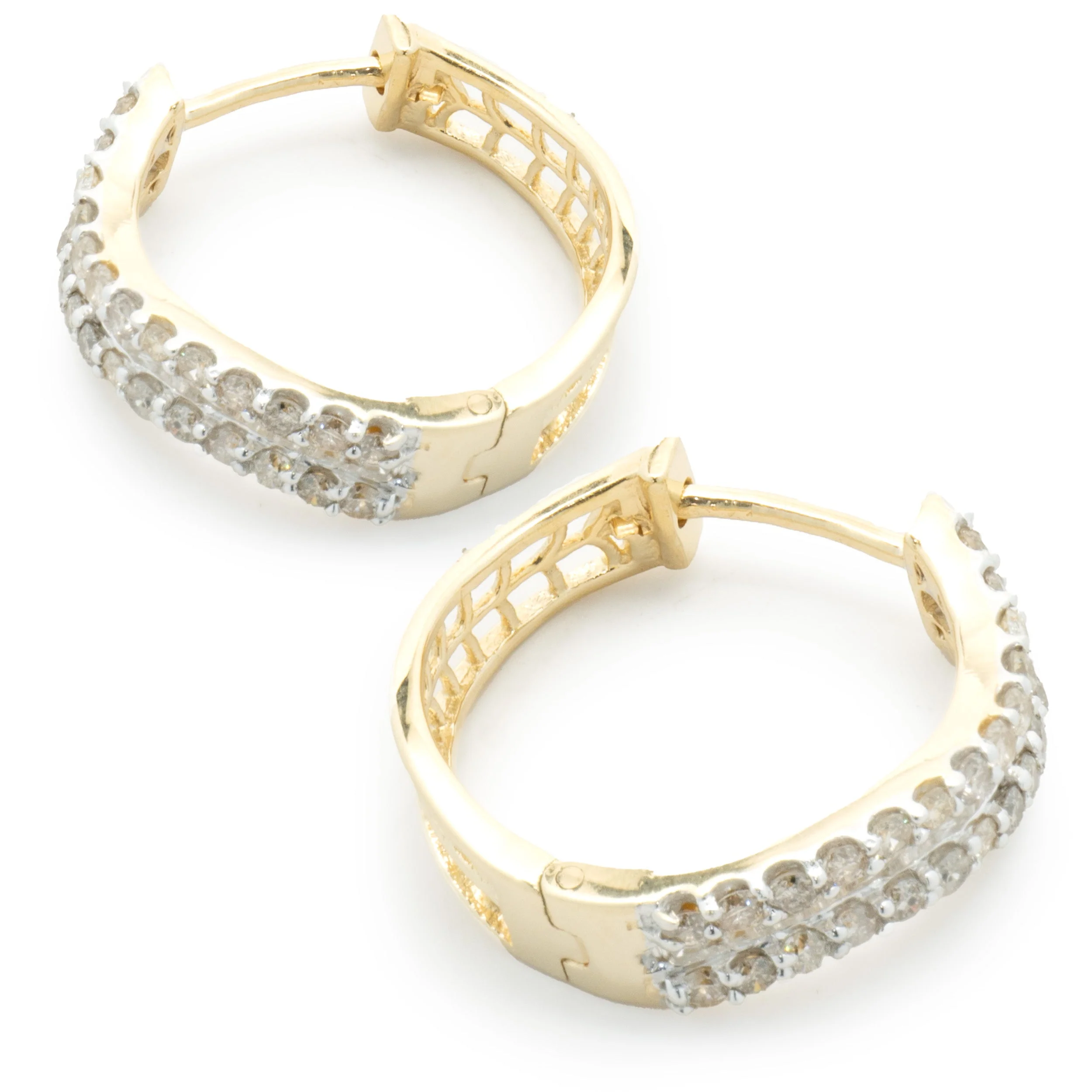 14 Karat Yellow Gold Round and Baguette Diamond Wave Hoop Earrings - Image 3