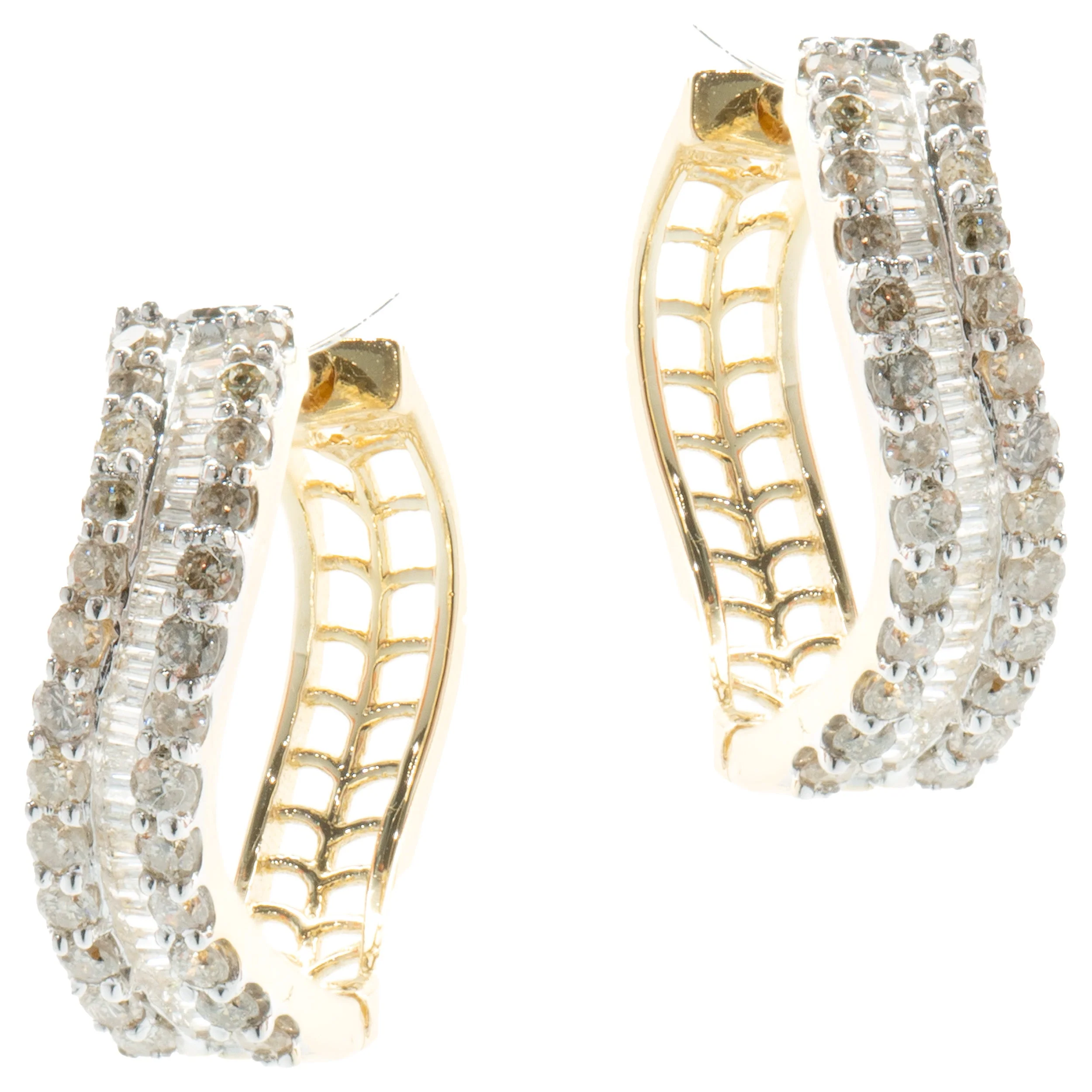 14 Karat Yellow Gold Round and Baguette Diamond Wave Hoop Earrings - Image 4