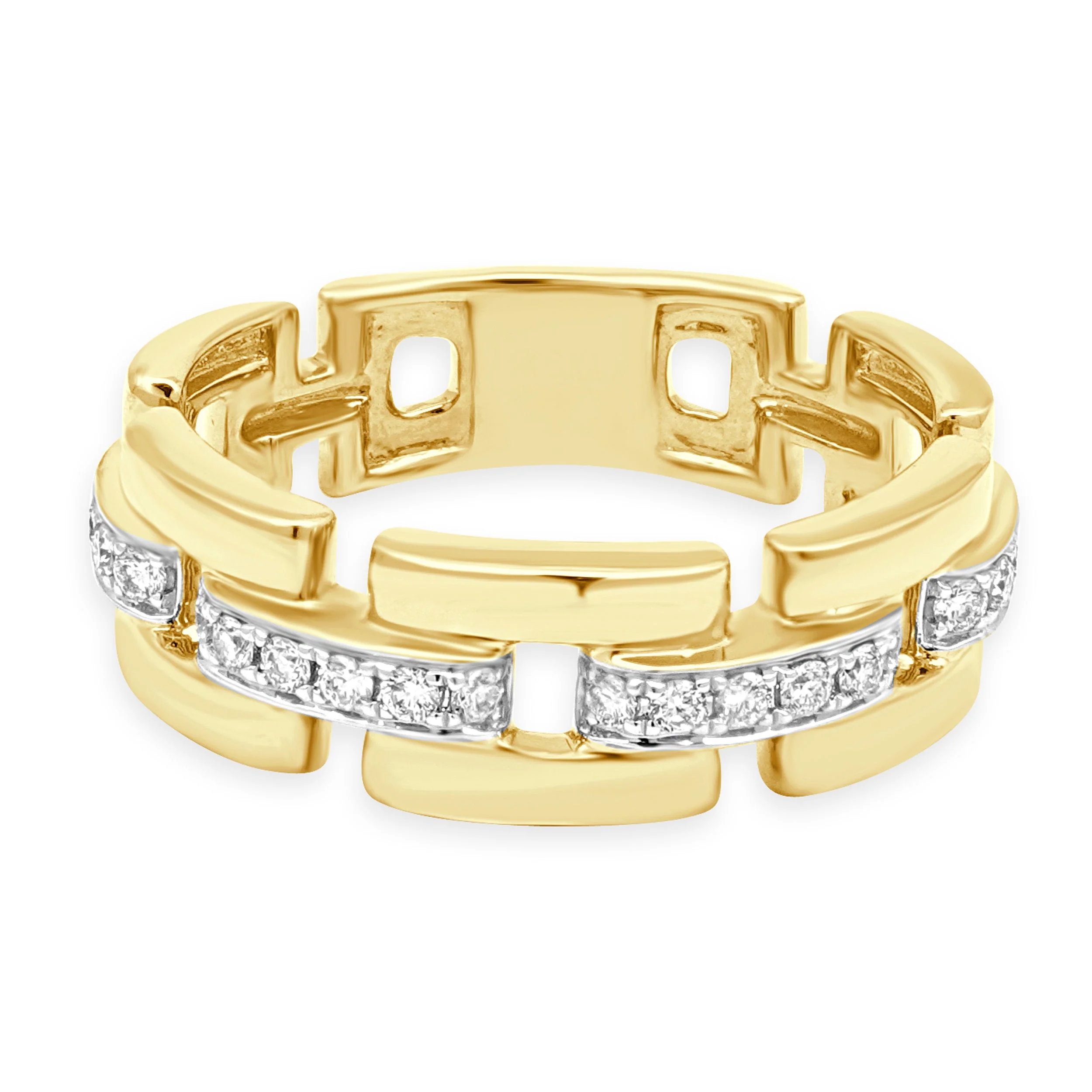 14 Karat Yellow Gold Round Diamond Geometric Chain Link Ring