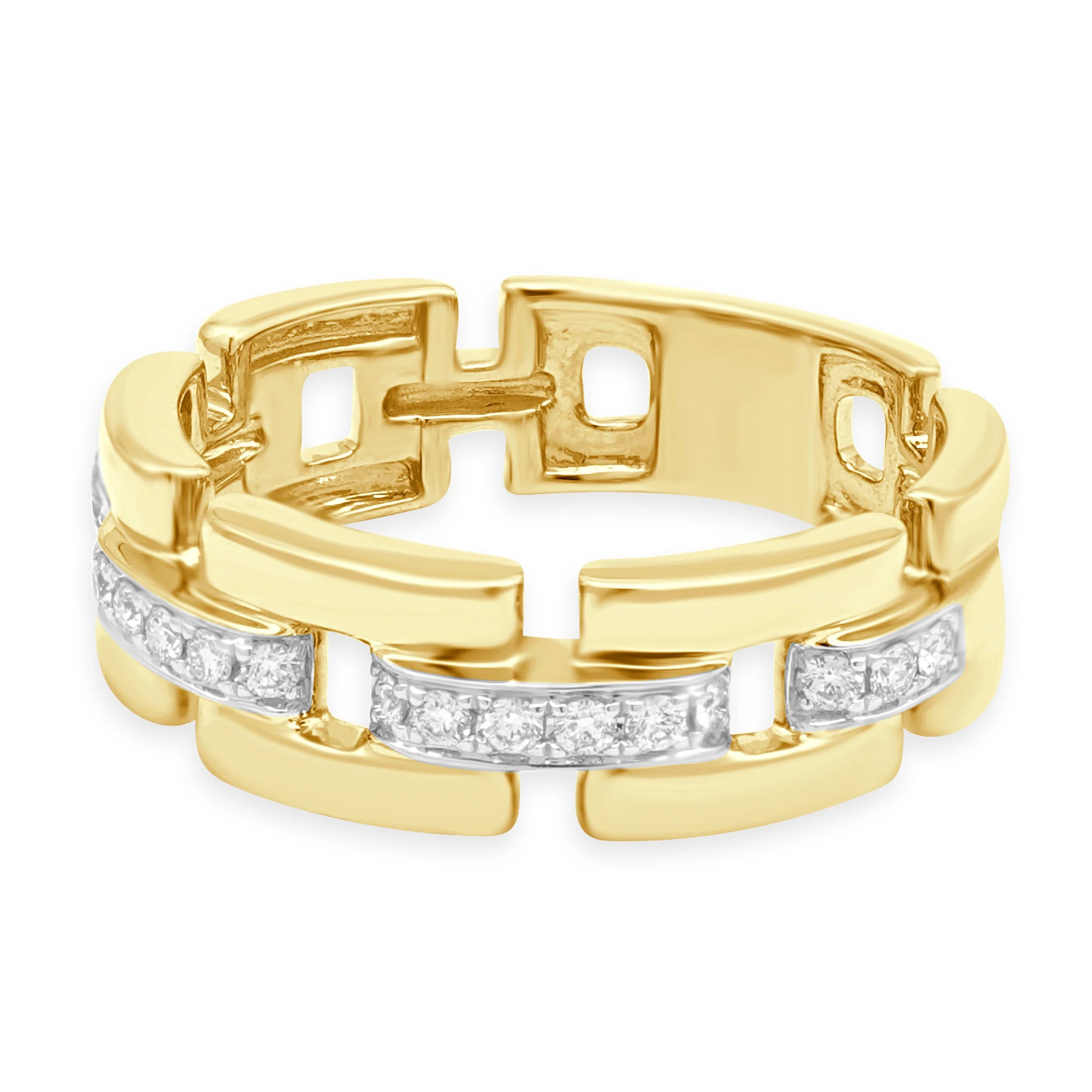 14 Karat Yellow Gold Round Diamond Geometric Chain Link Ring - Image 2
