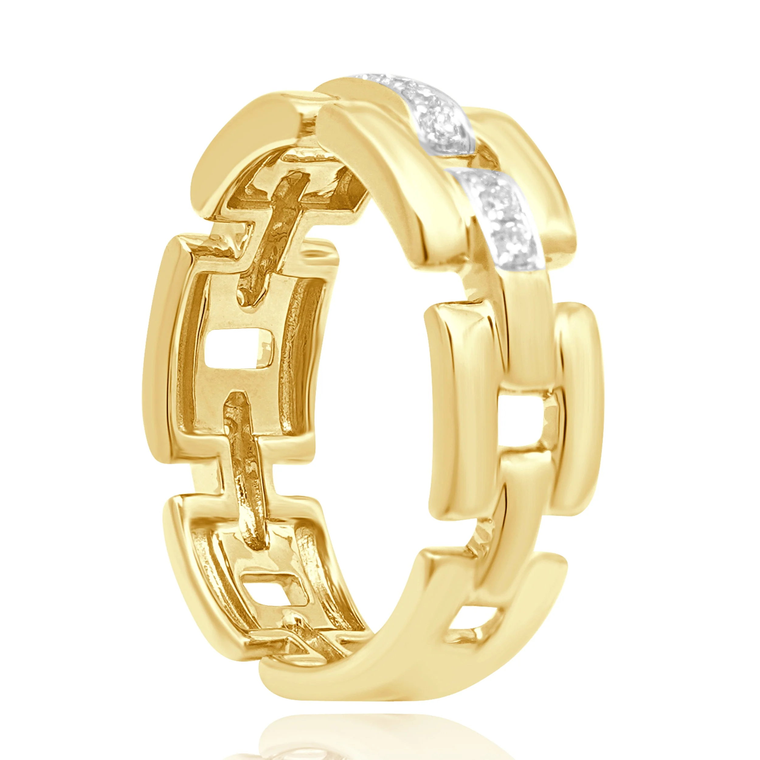 14 Karat Yellow Gold Round Diamond Geometric Chain Link Ring - Image 3