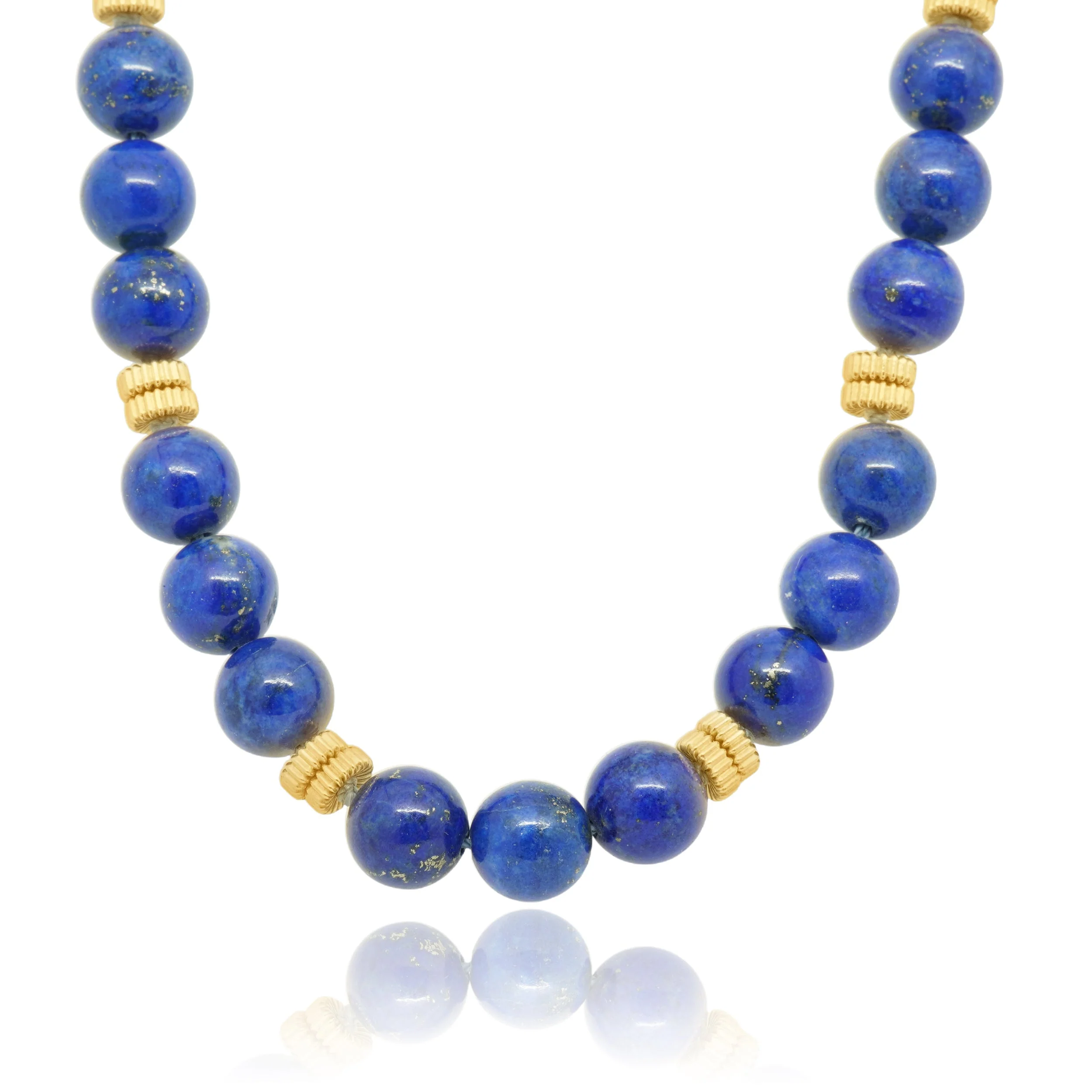 14 Karat Yellow Gold Round Dyed Lapis Bead Necklace with Fluted Spacers 36.5"