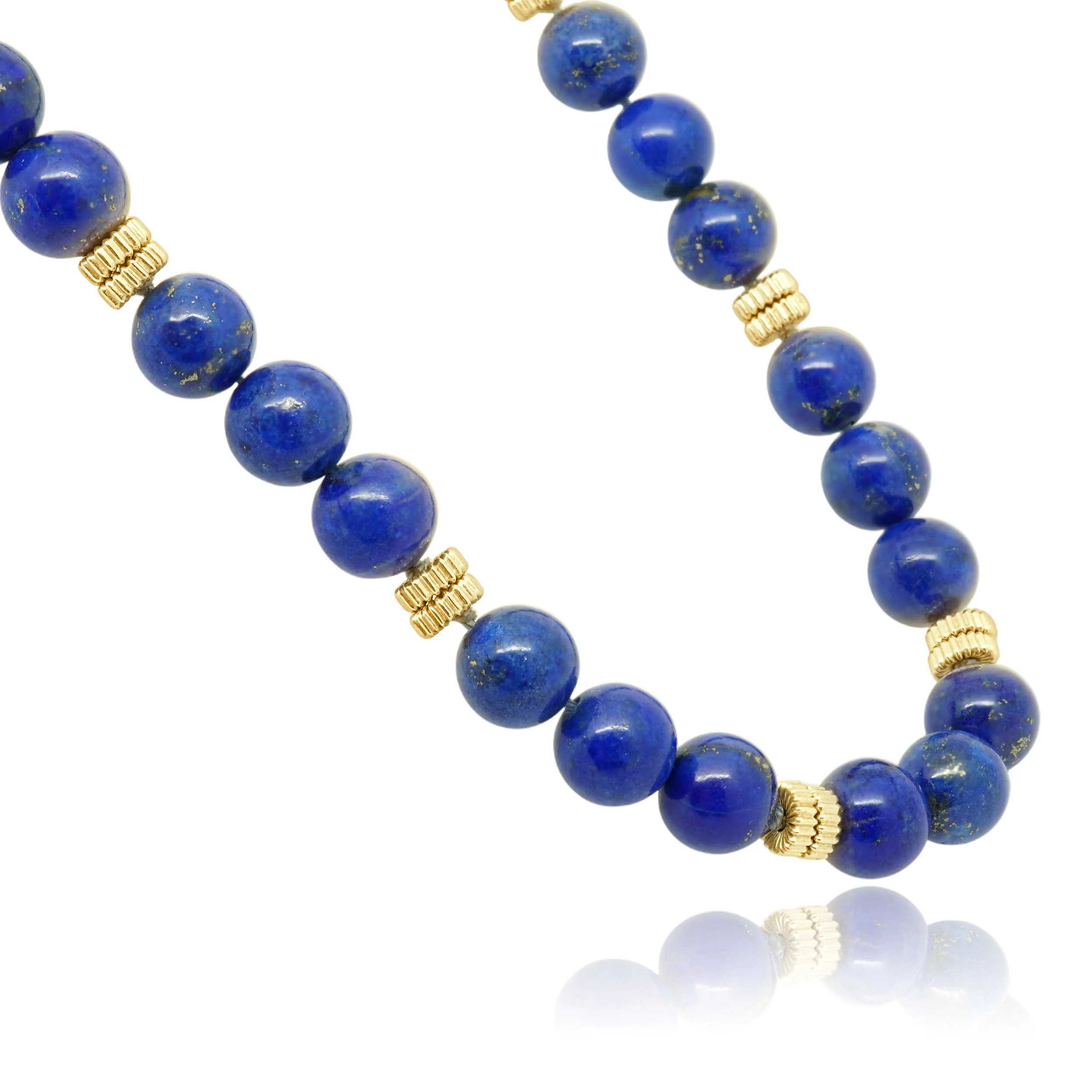 14 Karat Yellow Gold Round Dyed Lapis Bead Necklace with Fluted Spacers 36.5" - Image 3