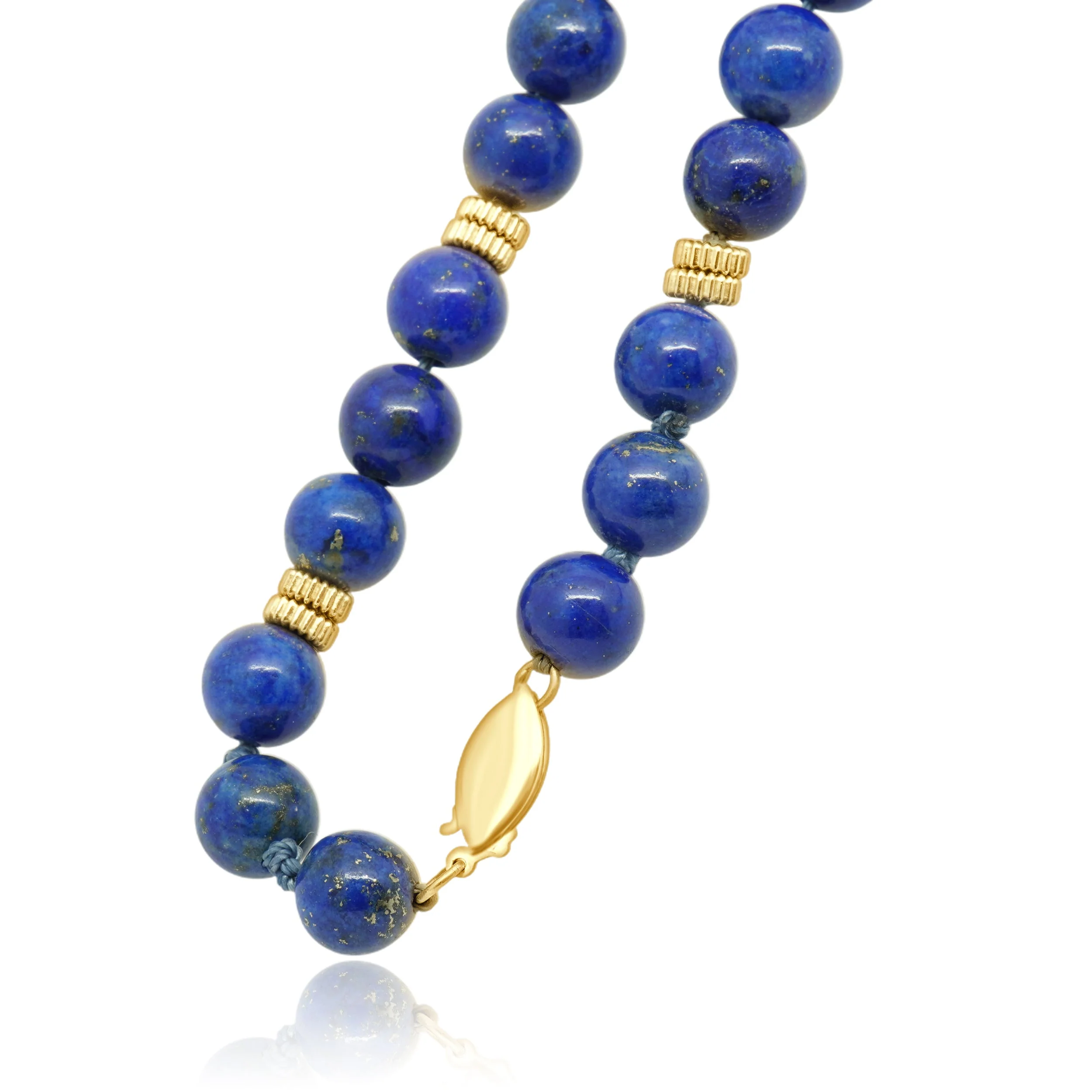 14 Karat Yellow Gold Round Dyed Lapis Bead Necklace with Fluted Spacers 36.5" - Image 4