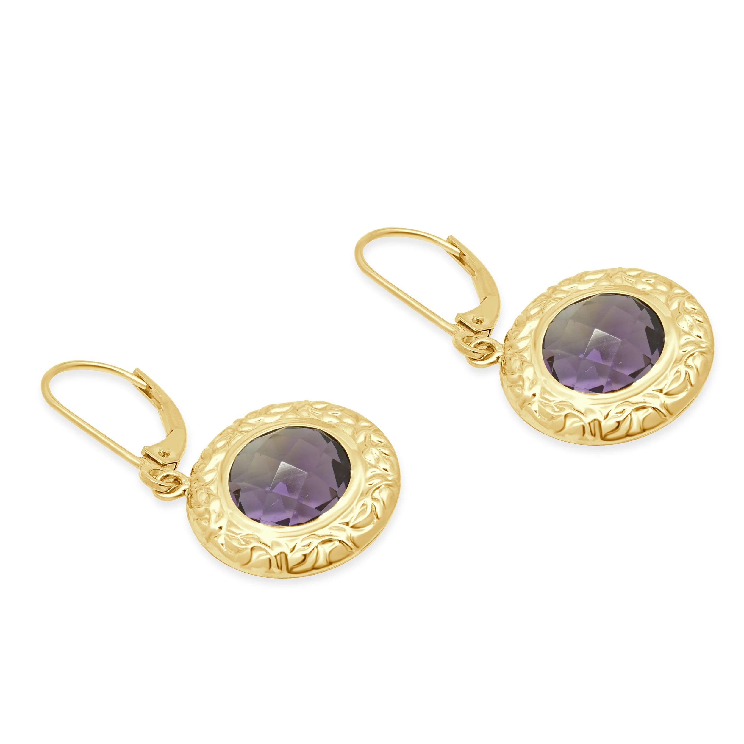 14 Karat Yellow Gold Round Faceted Amethyst Dangle Earrings - Image 2