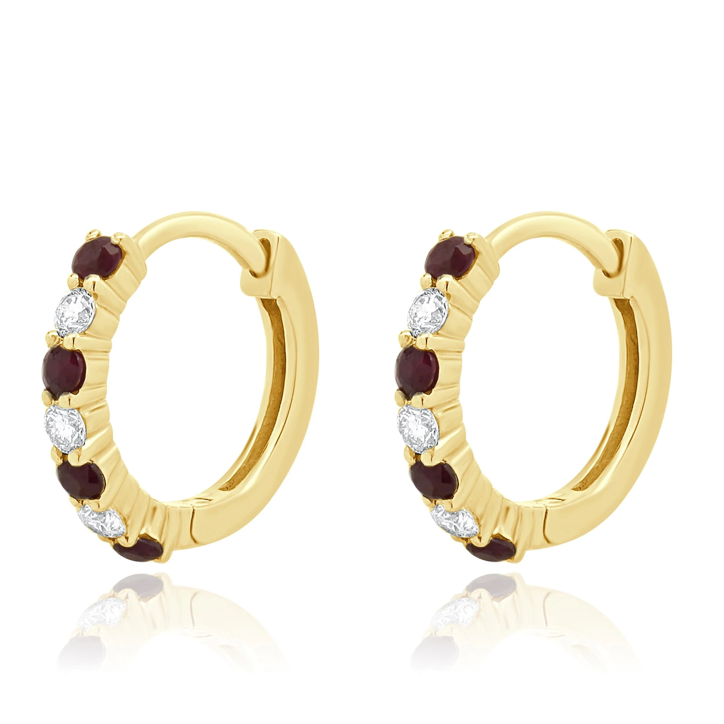 14 Karat Yellow Gold Ruby and Diamond Huggie Hoop Earrings - Image 2