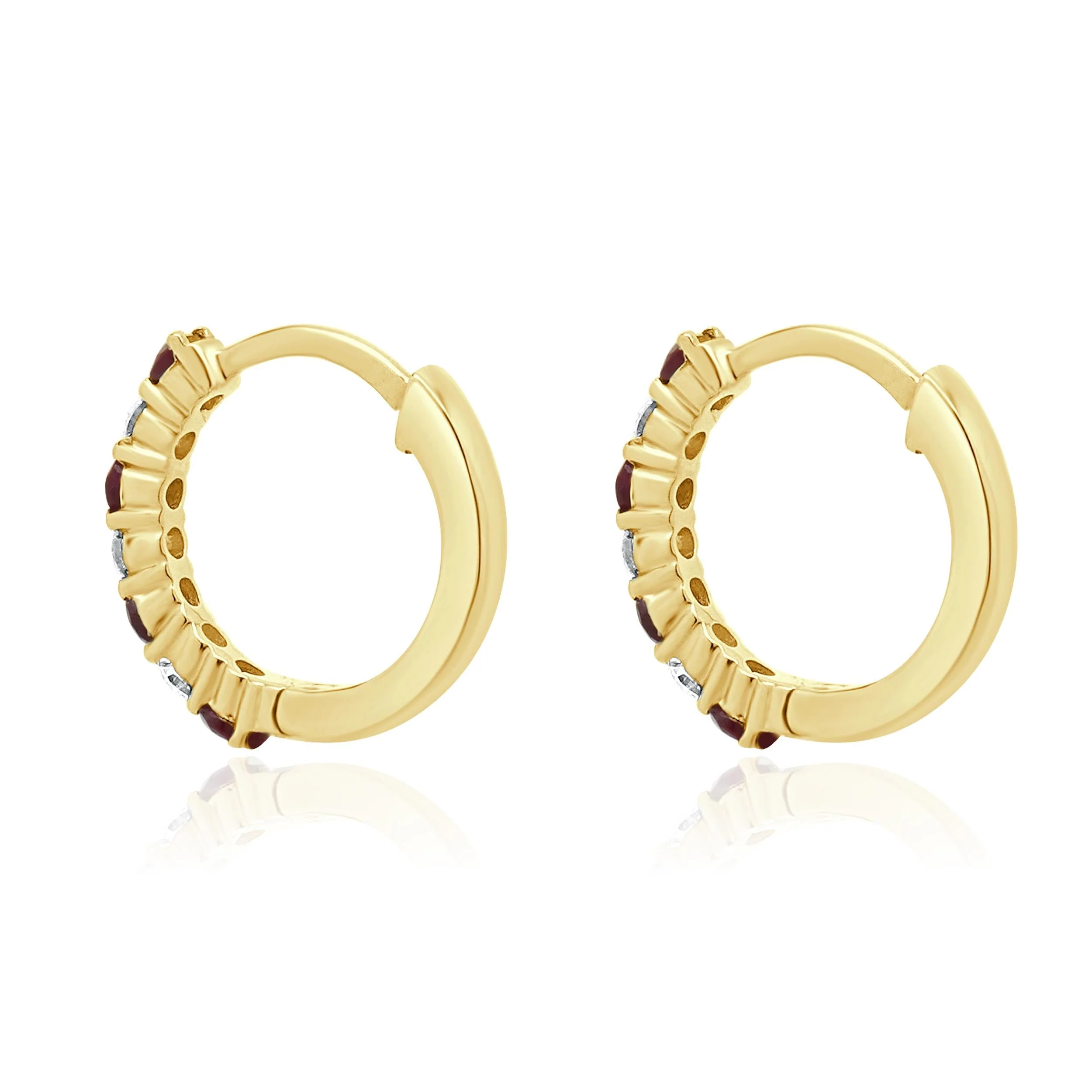 14 Karat Yellow Gold Ruby and Diamond Huggie Hoop Earrings - Image 4