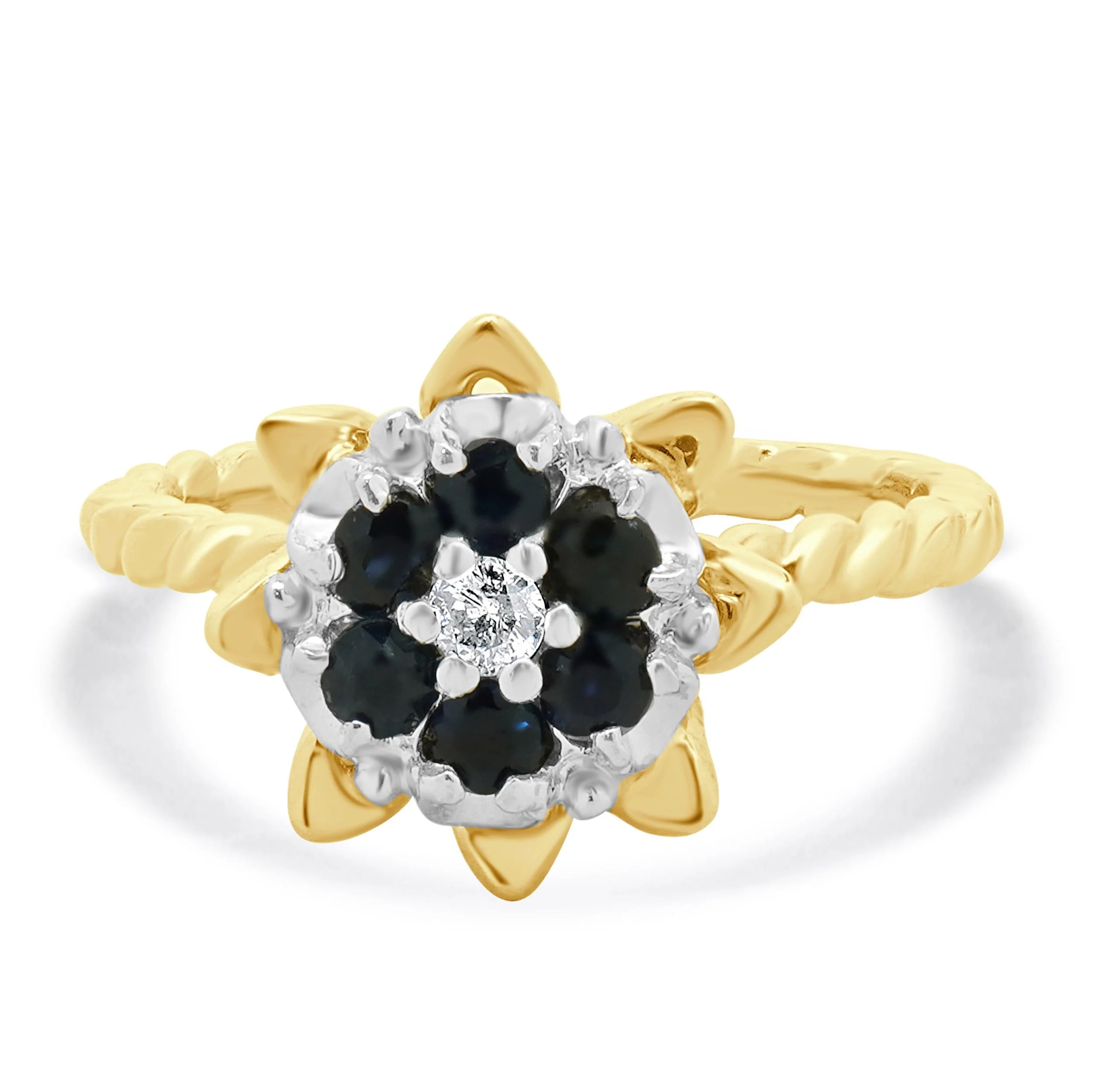 14 Karat Yellow Gold Sapphire and Diamond Flower Ring