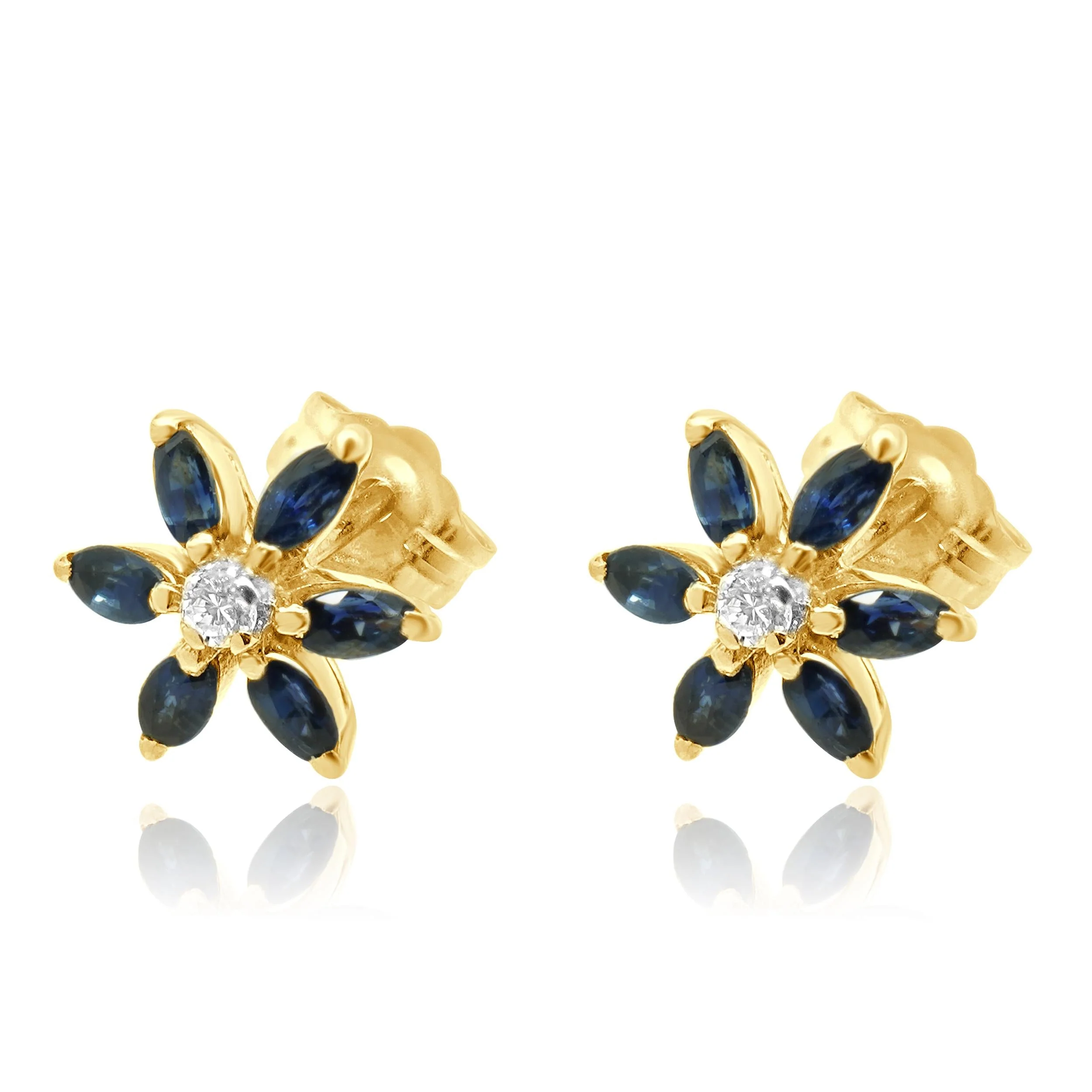 14 Karat Yellow Gold Sapphire and Diamond Flower Stud Earrings