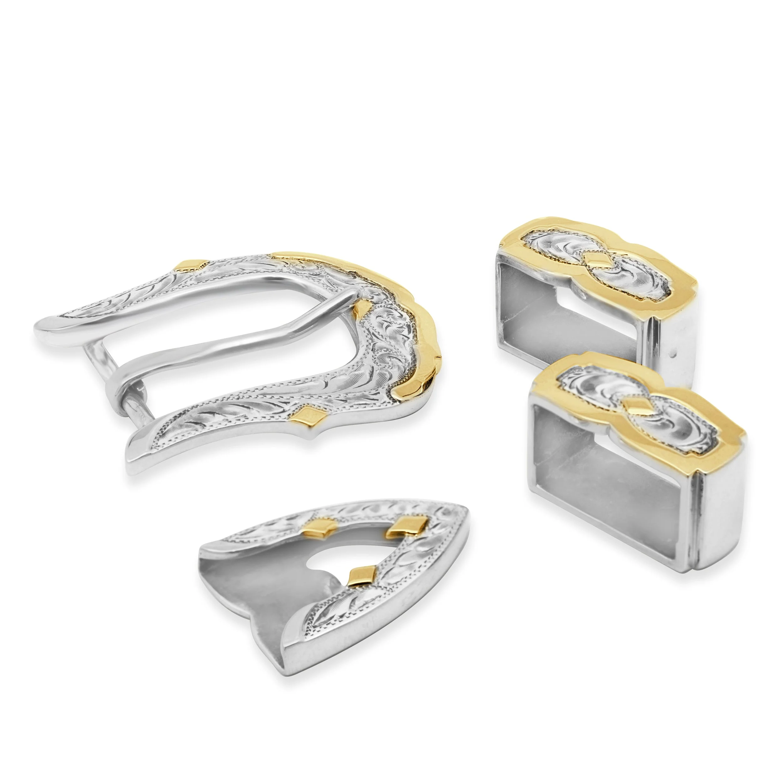14 Karat Yellow Gold & Sterling Silver Hand Carved Belt Buckle