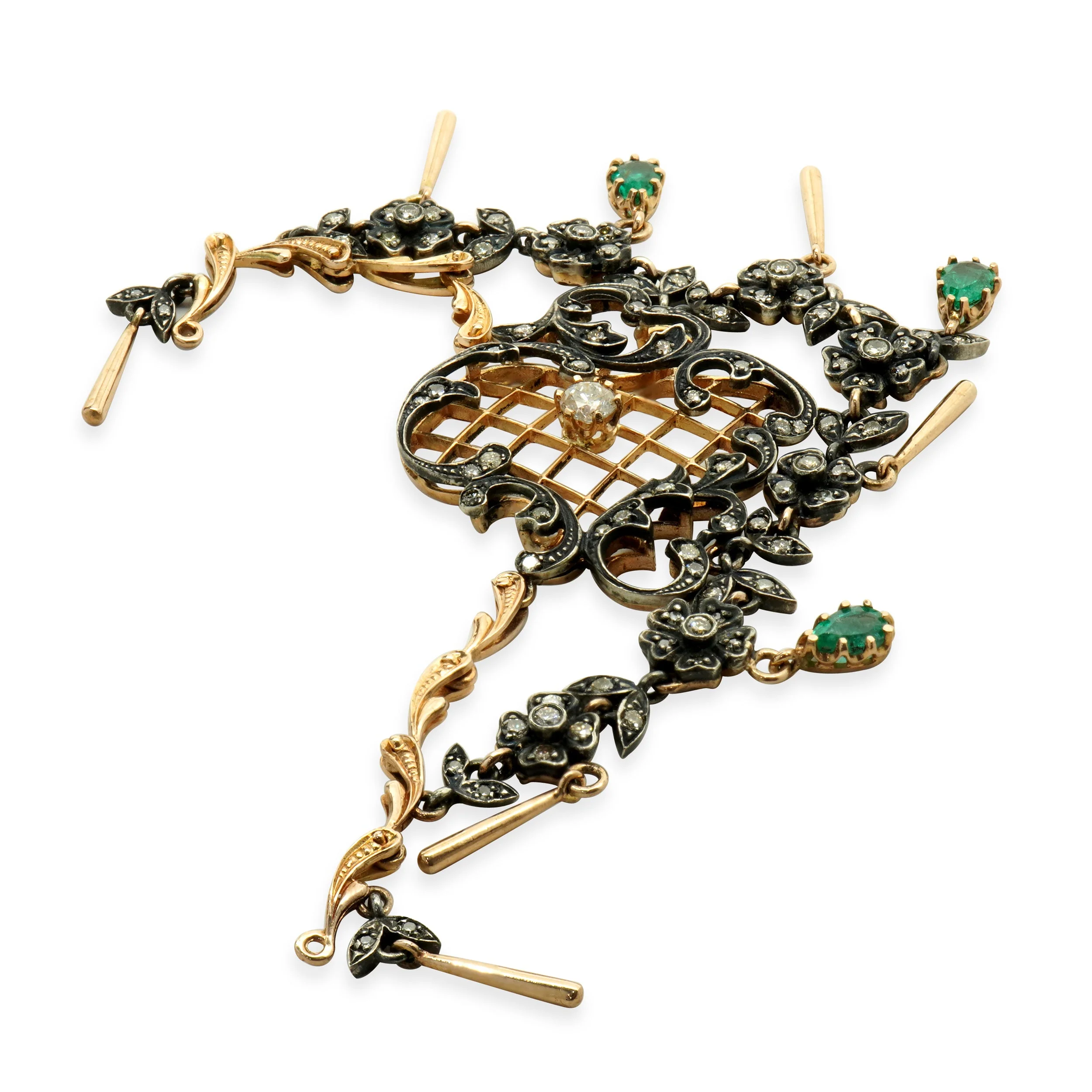 14 Karat Yellow Gold & Sterling Silver Vintage Victorian Diamond and Emerald Lavalier - Image 2