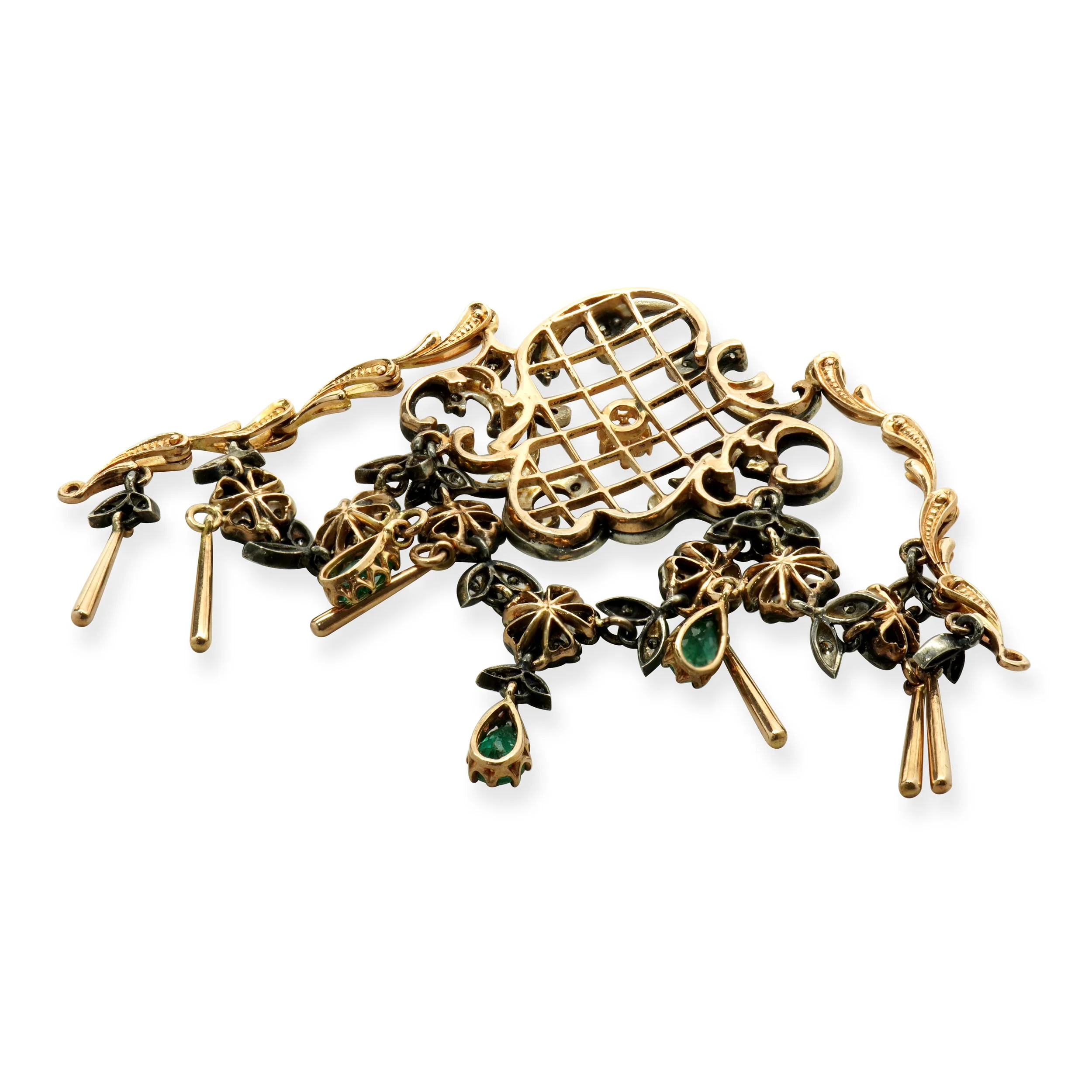 14 Karat Yellow Gold & Sterling Silver Vintage Victorian Diamond and Emerald Lavalier - Image 3