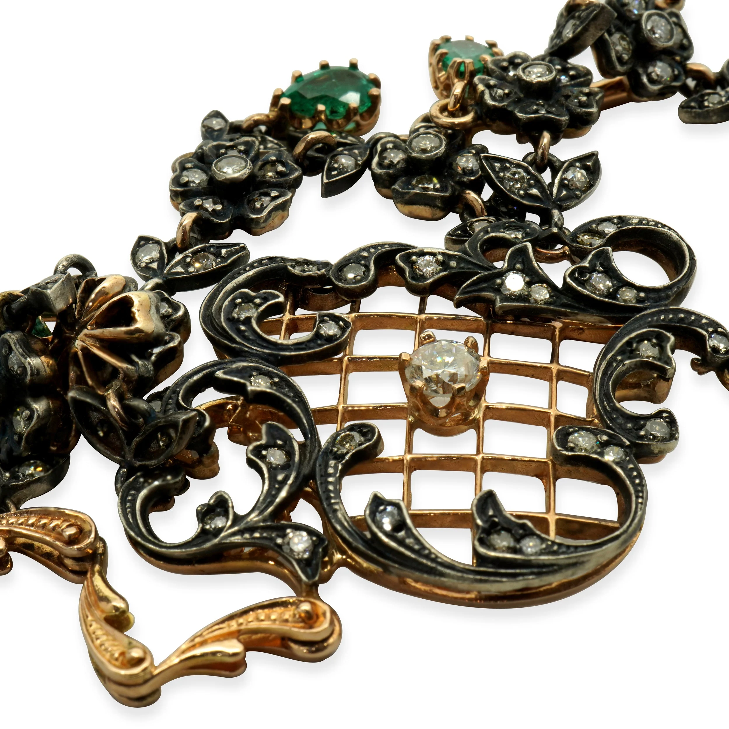 14 Karat Yellow Gold & Sterling Silver Vintage Victorian Diamond and Emerald Lavalier - Image 4