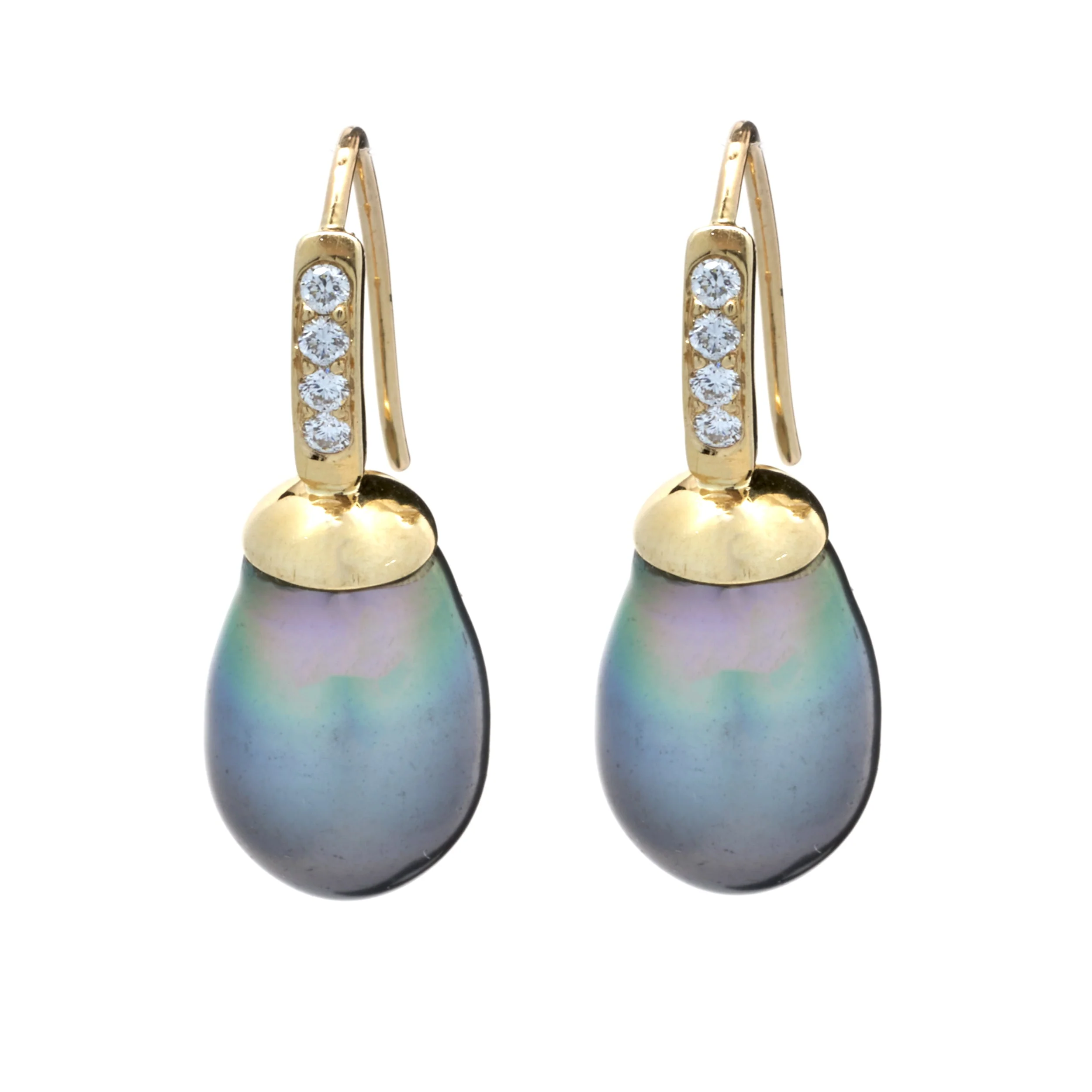 14 Karat Yellow Gold Tahitian and Diamond Drop Earrings
