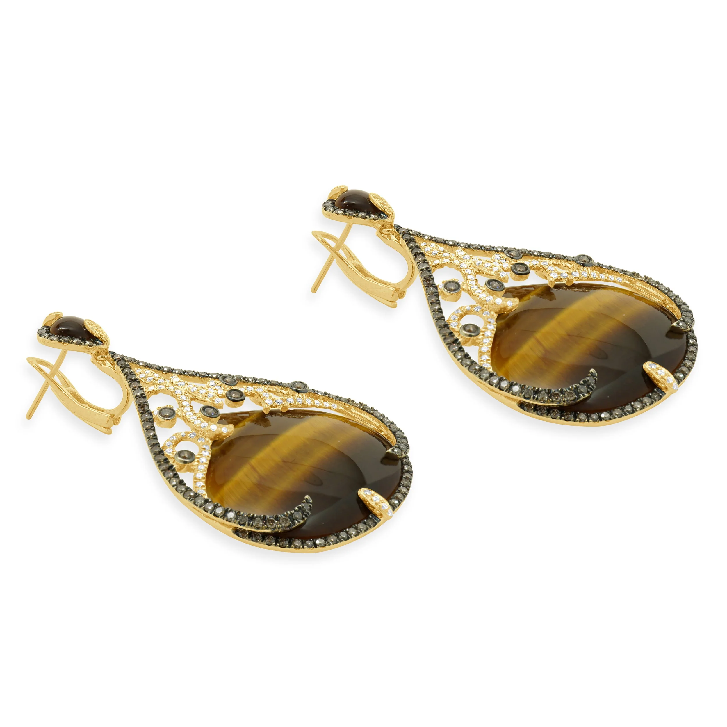 14 Karat Yellow Gold Tigers Eye and Diamond Teardrop Earrings - Image 2