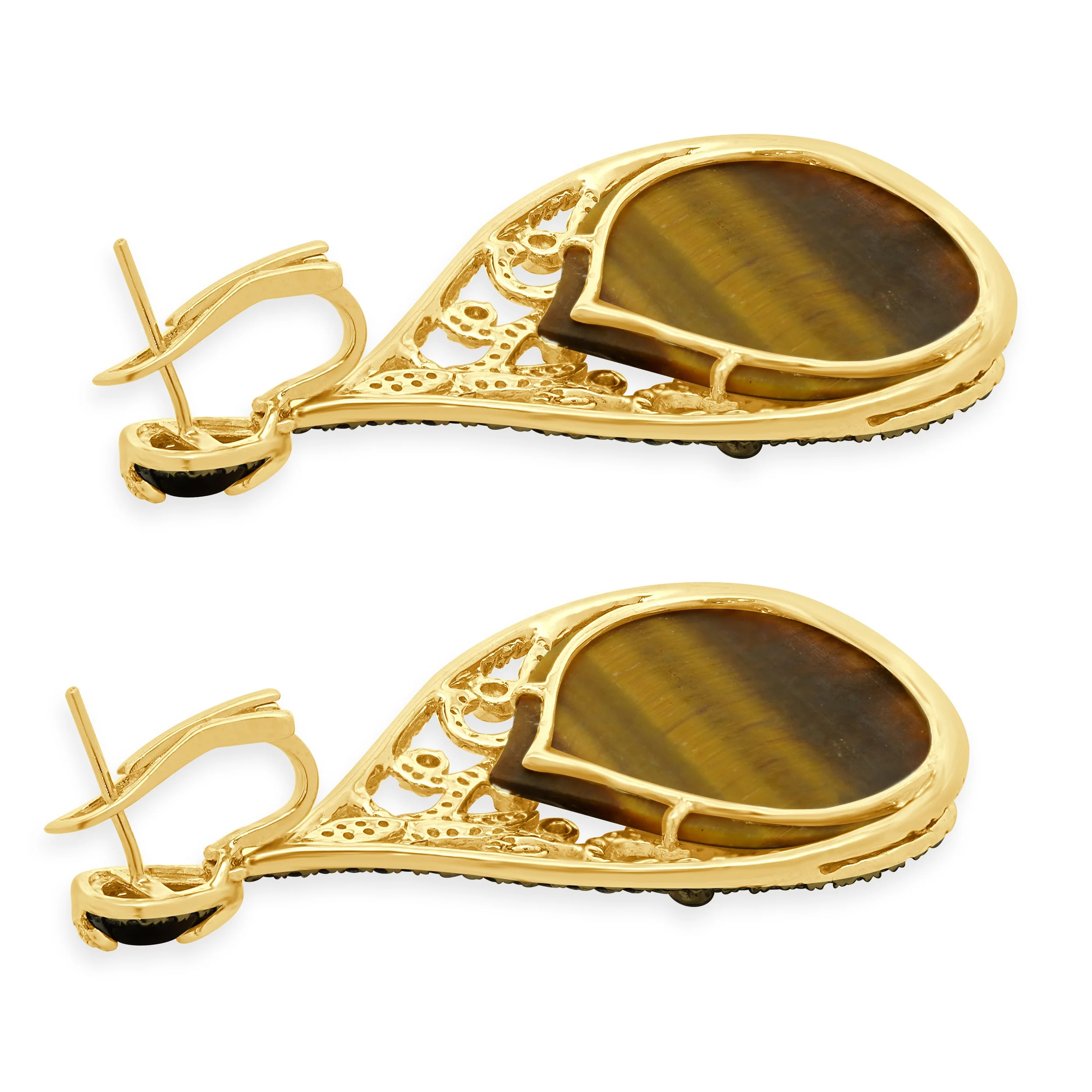14 Karat Yellow Gold Tigers Eye and Diamond Teardrop Earrings - Image 3