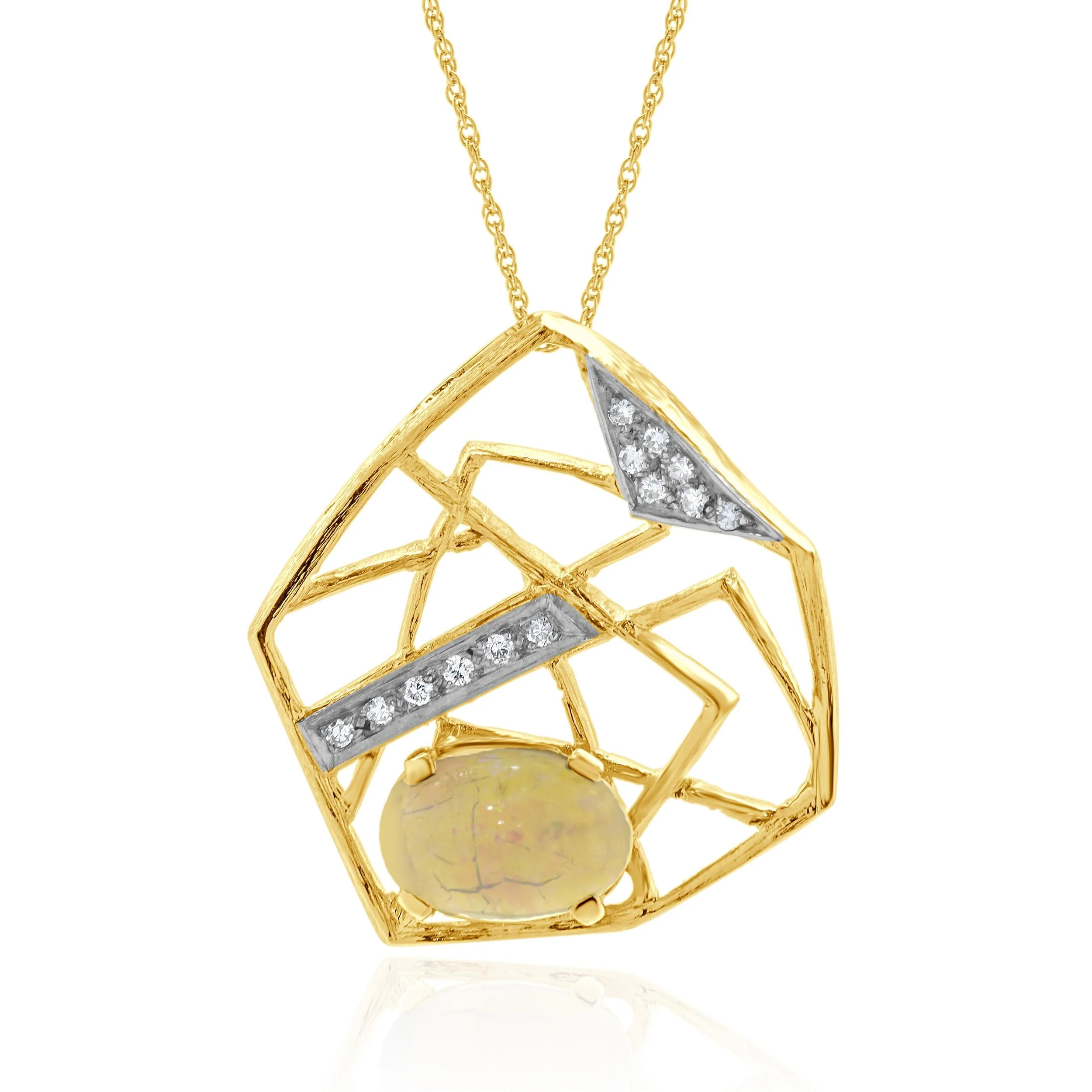 14 Karat Yellow Gold Vintage Opal and Diamond Web Necklace - Image 2