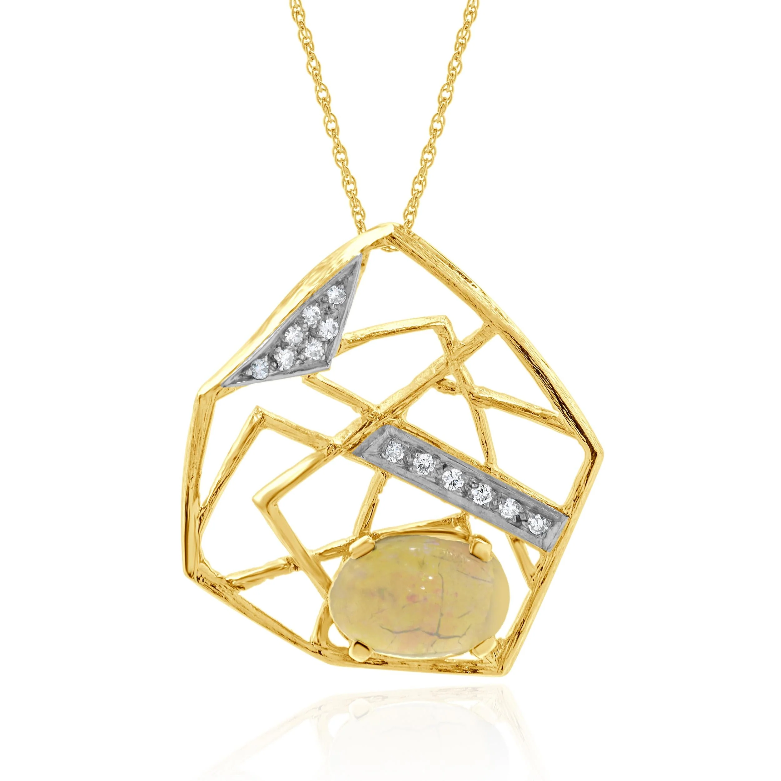 14 Karat Yellow Gold Vintage Opal and Diamond Web Necklace - Image 4