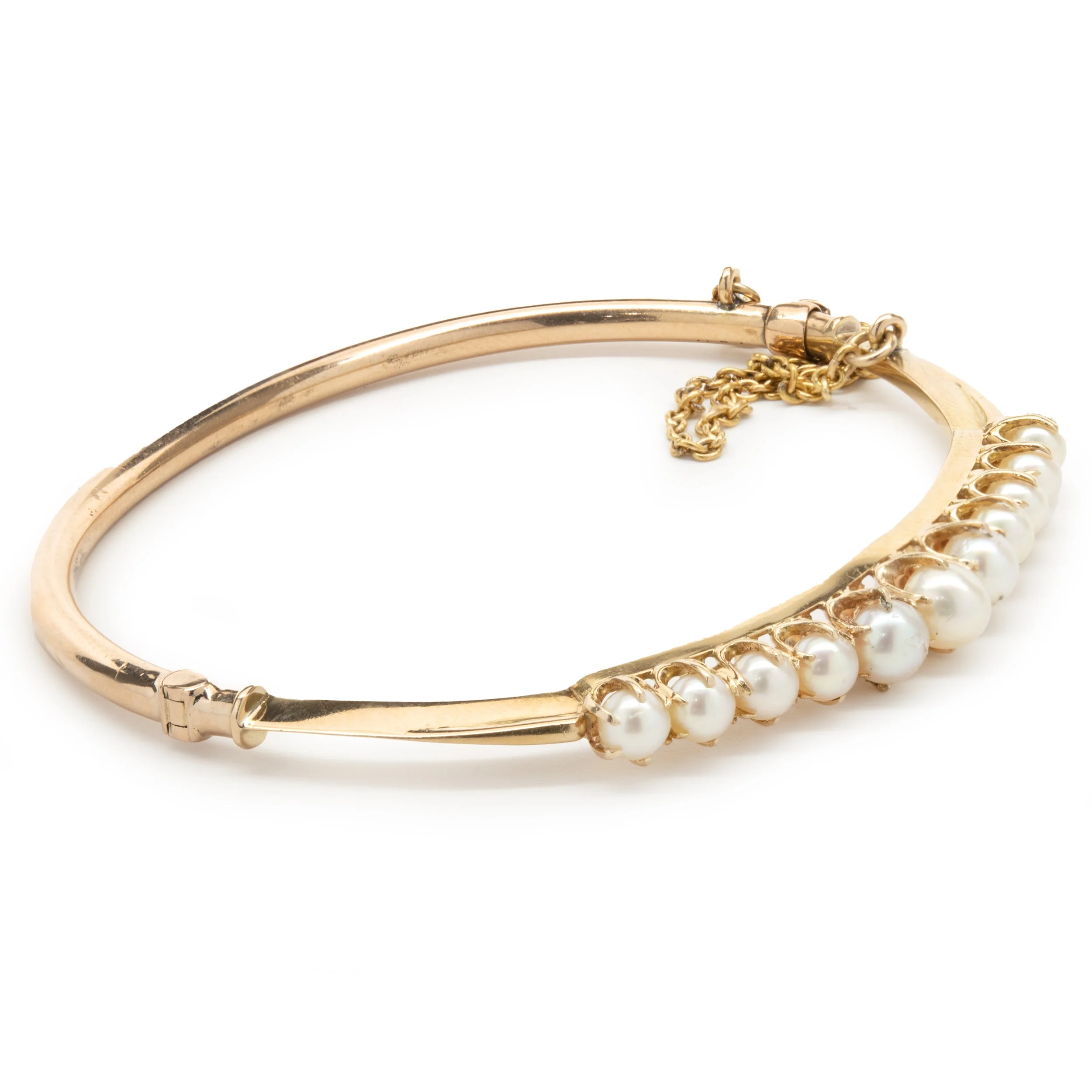 14 Karat Yellow Gold Vintage Pearl Bangle Bracelet - Image 2