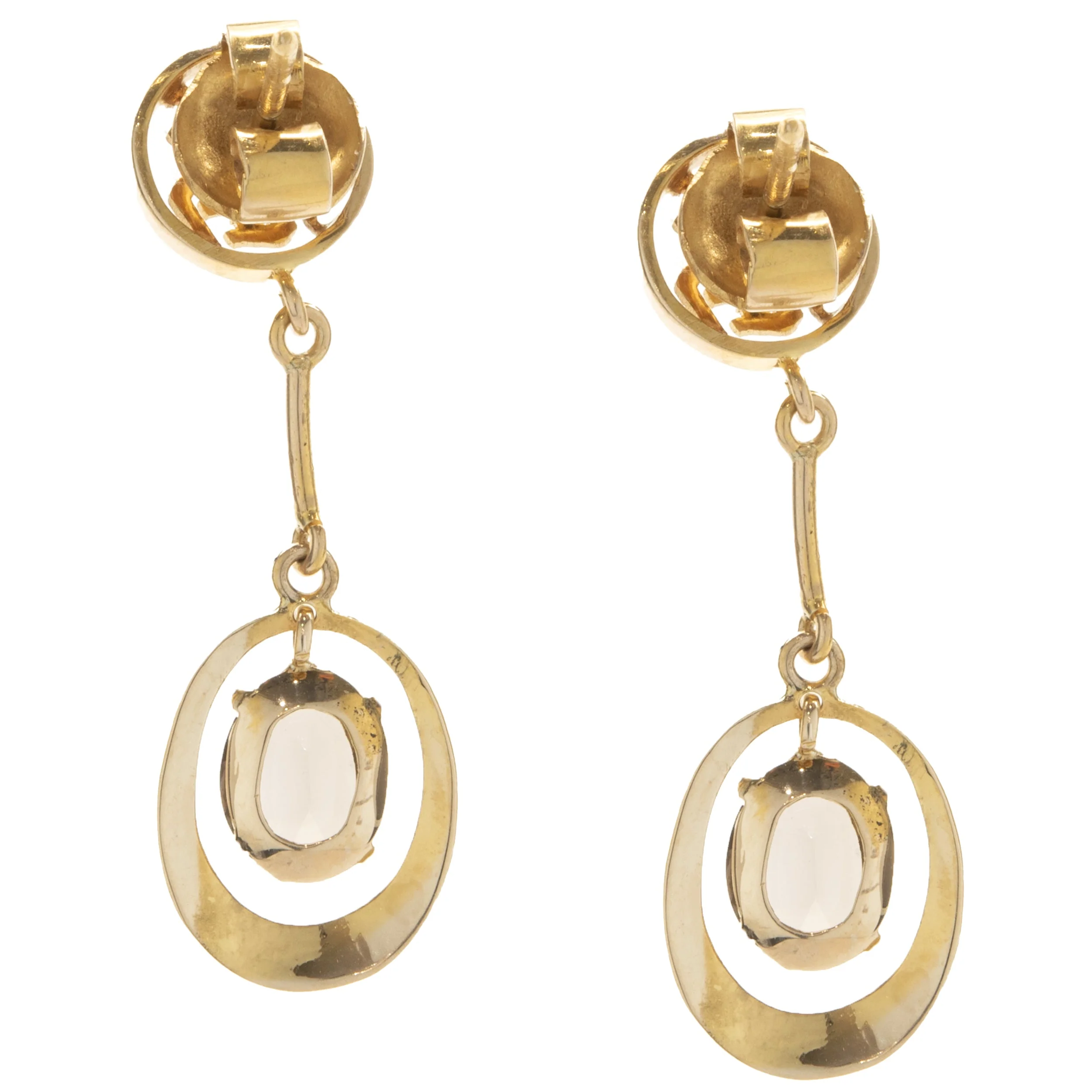 14 Karat Yellow Gold Vintage Smoky Topaz Asian Style Writing Drop Earrings - Image 2
