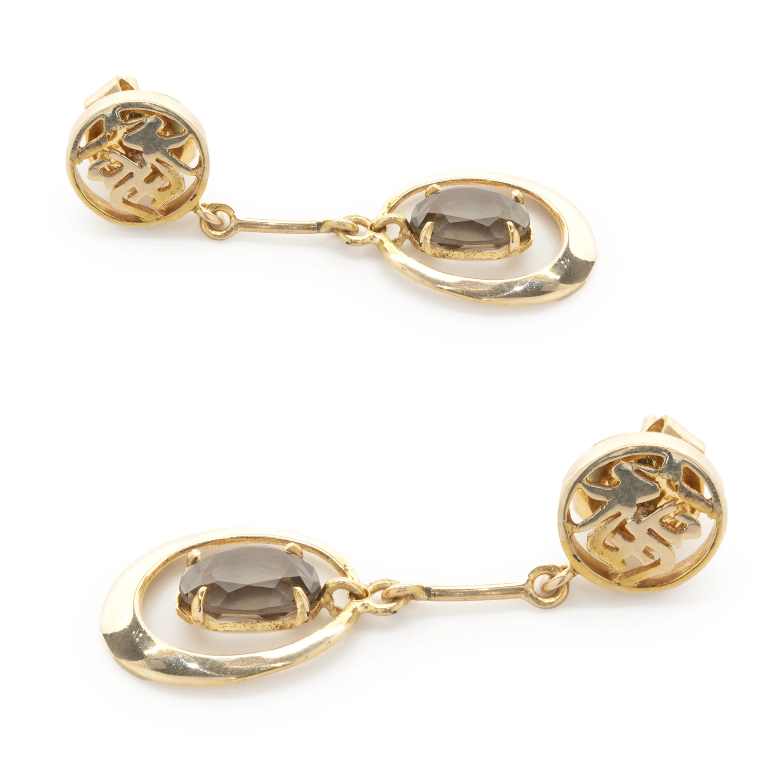 14 Karat Yellow Gold Vintage Smoky Topaz Asian Style Writing Drop Earrings - Image 3