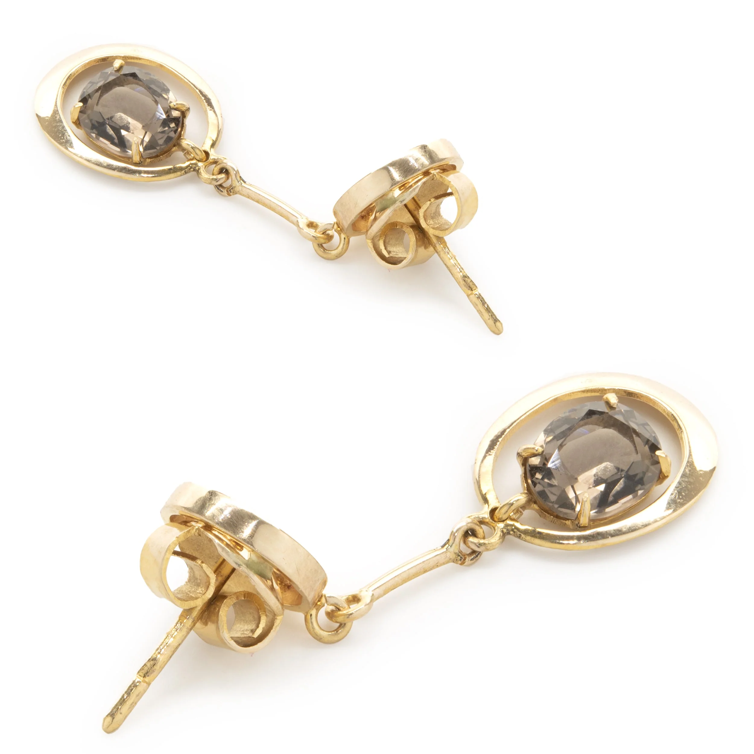 14 Karat Yellow Gold Vintage Smoky Topaz Asian Style Writing Drop Earrings - Image 4