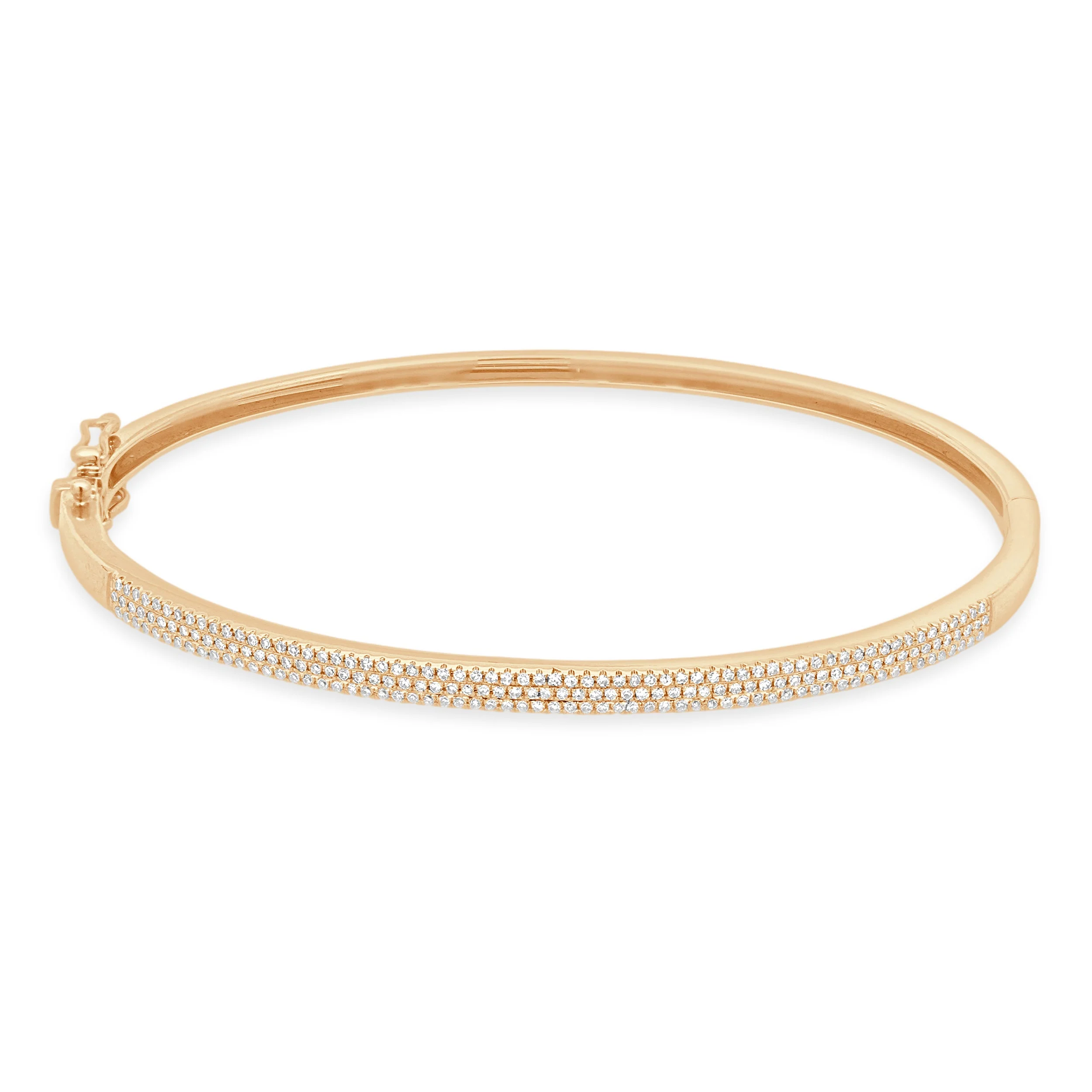 14K Rose Gold 3-Row Pave Diamond Hinged Bangle Bracelet 7.0"
