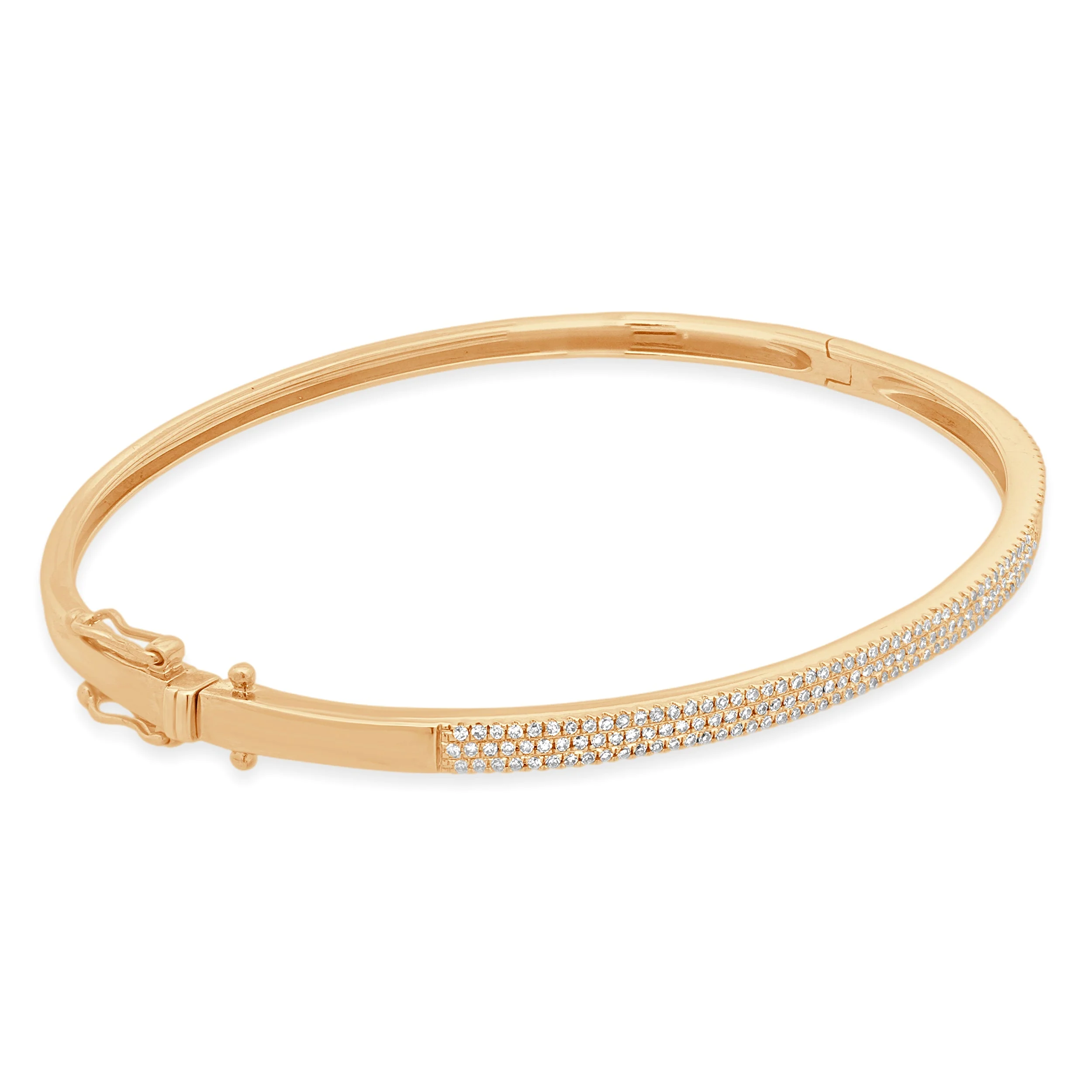 14K Rose Gold 3-Row Pave Diamond Hinged Bangle Bracelet 7.0" - Image 2