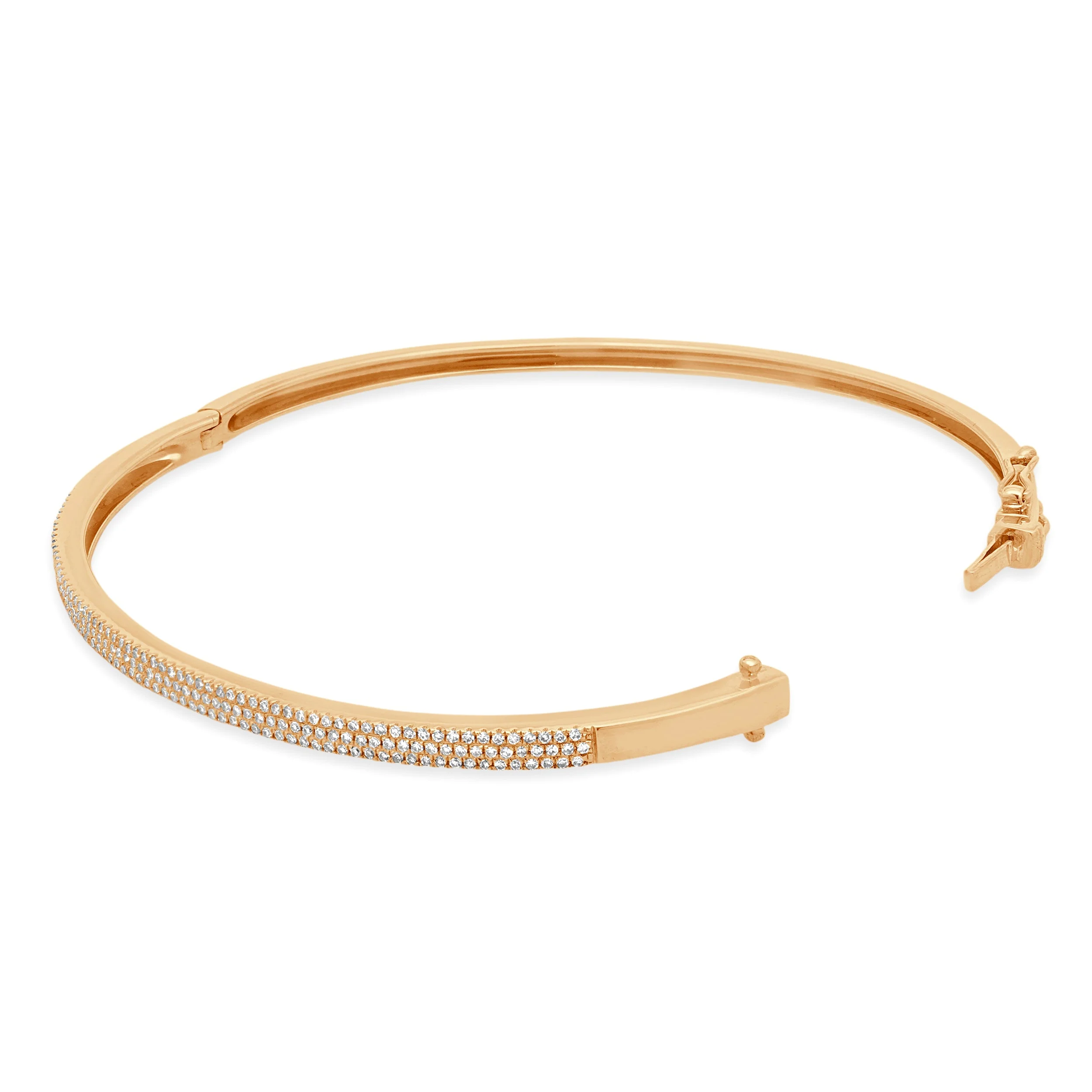 14K Rose Gold 3-Row Pave Diamond Hinged Bangle Bracelet 7.0" - Image 4