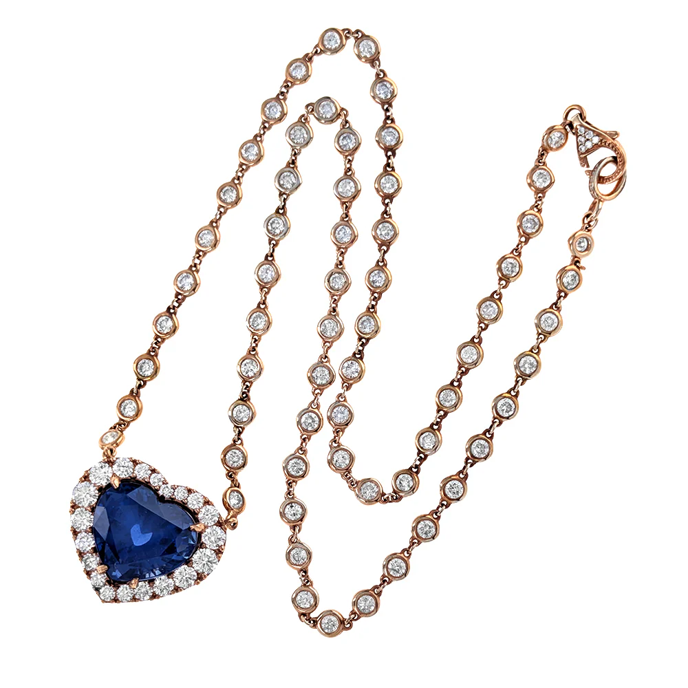 14K Rose Gold GIA Certified Heart Cut Sapphire and Diamonds By The Inch Necklace - Image 2