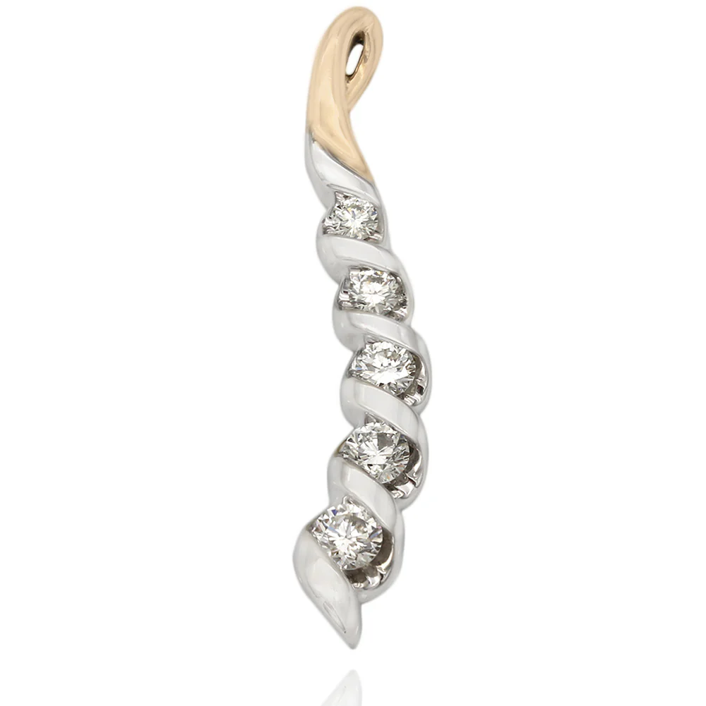 14K Two Tone Curved Diamond Drop Pendant