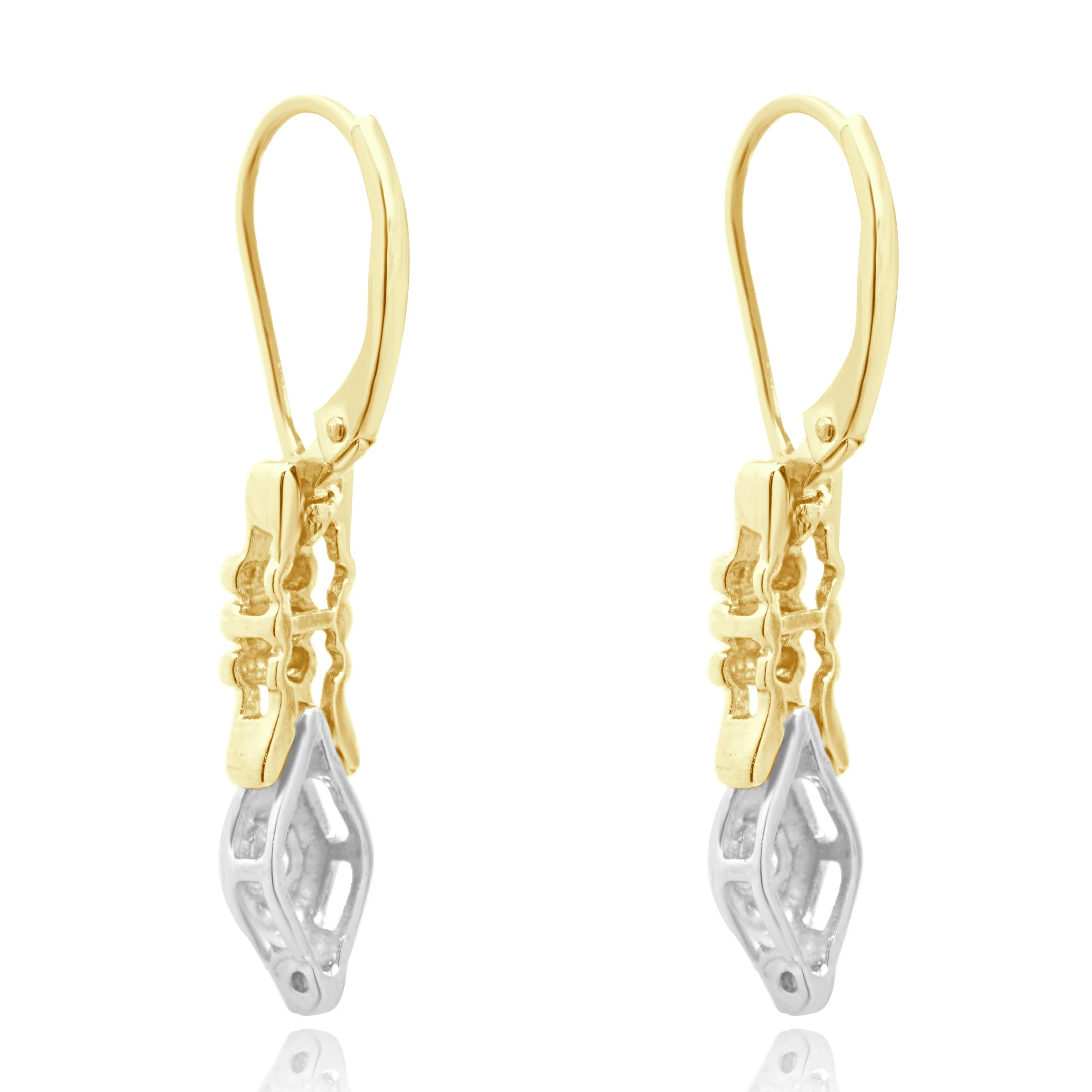 14K Two-Tone Yellow and White Gold Bezel Set Round Diamond Dangle Earrings - Image 4