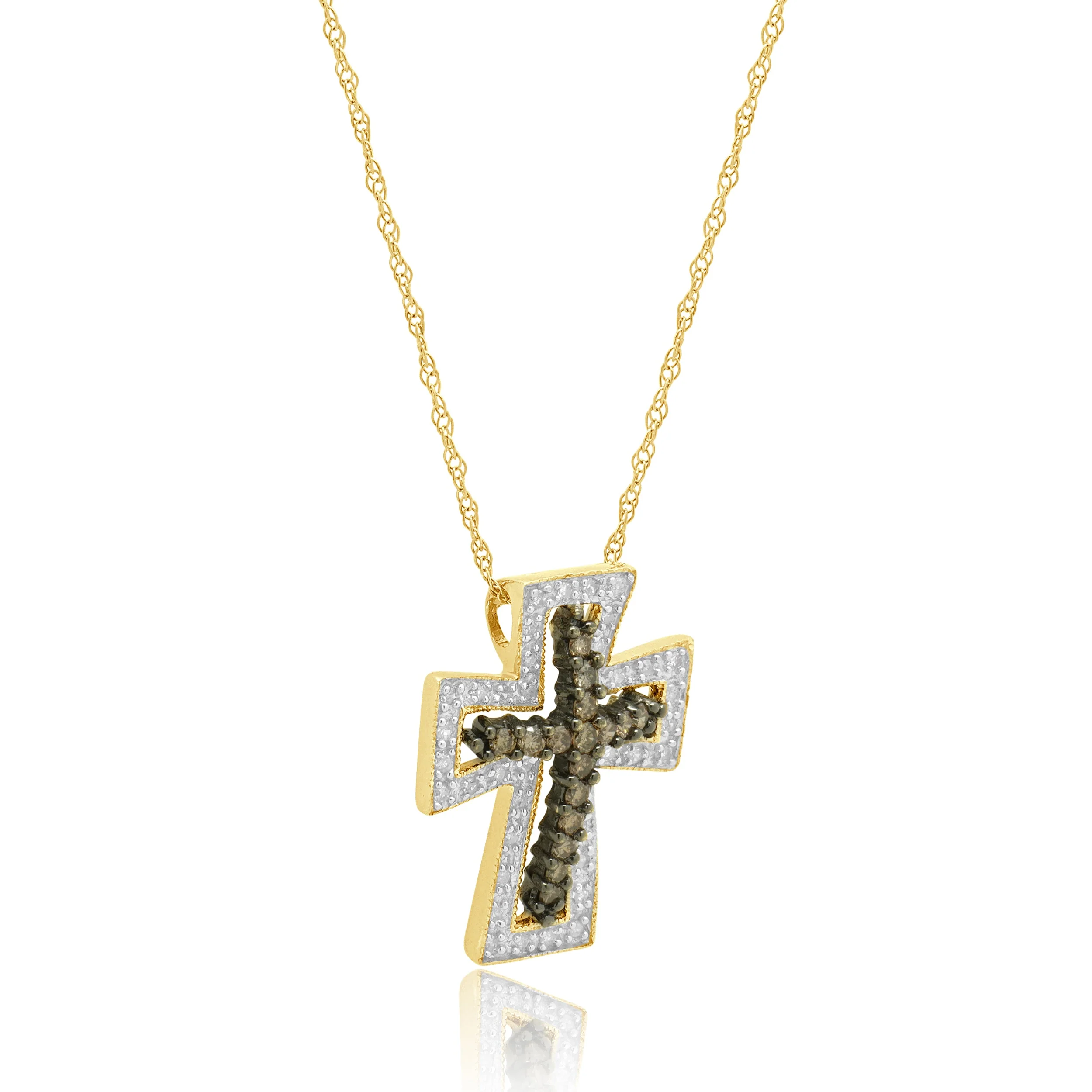 14K Two-Tone Yellow and White Gold Diamond Cross Pendant Necklace 18.0" - Image 2