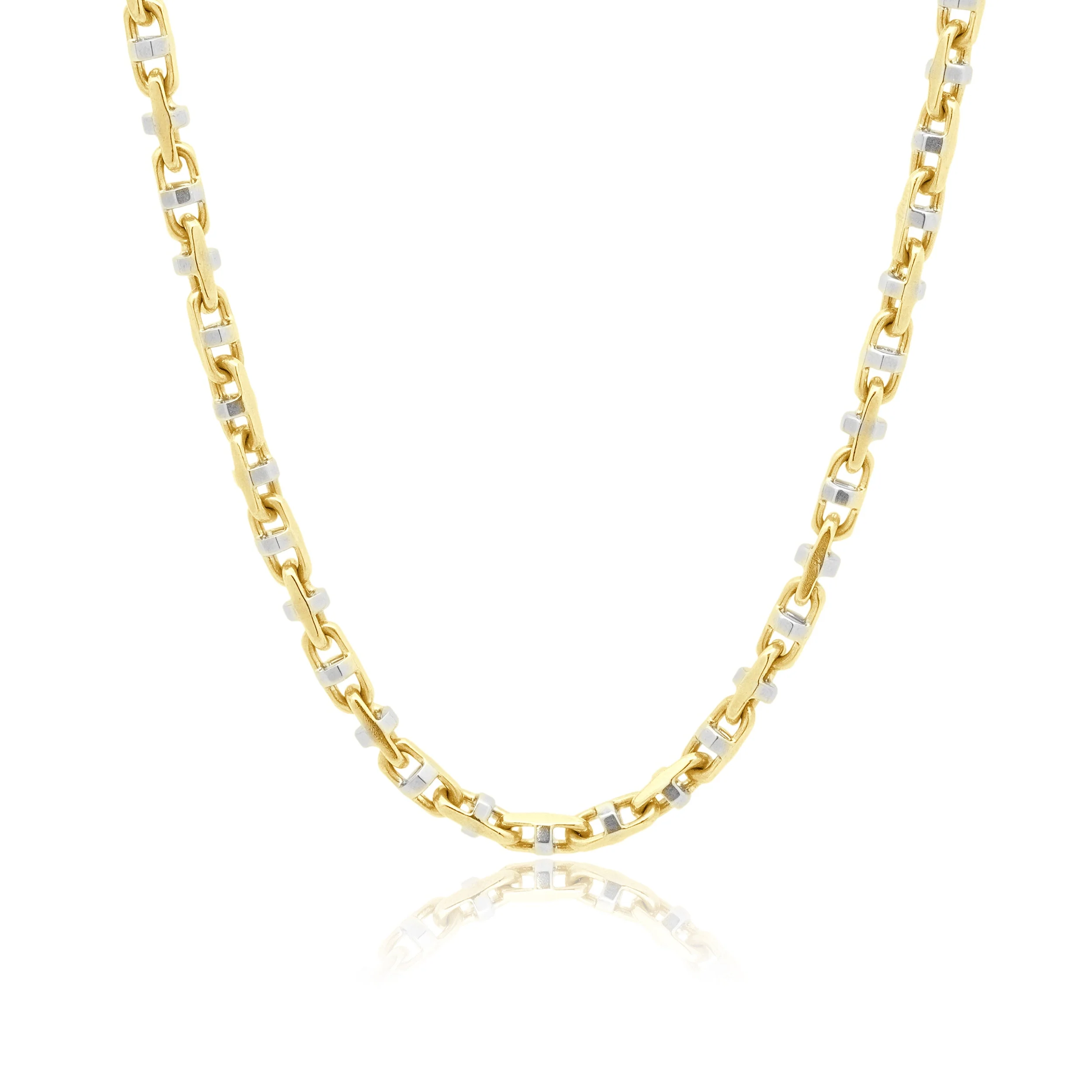 14K Two-Tone Yellow and White Gold Faceted Anchor Chain Necklace 22.25"