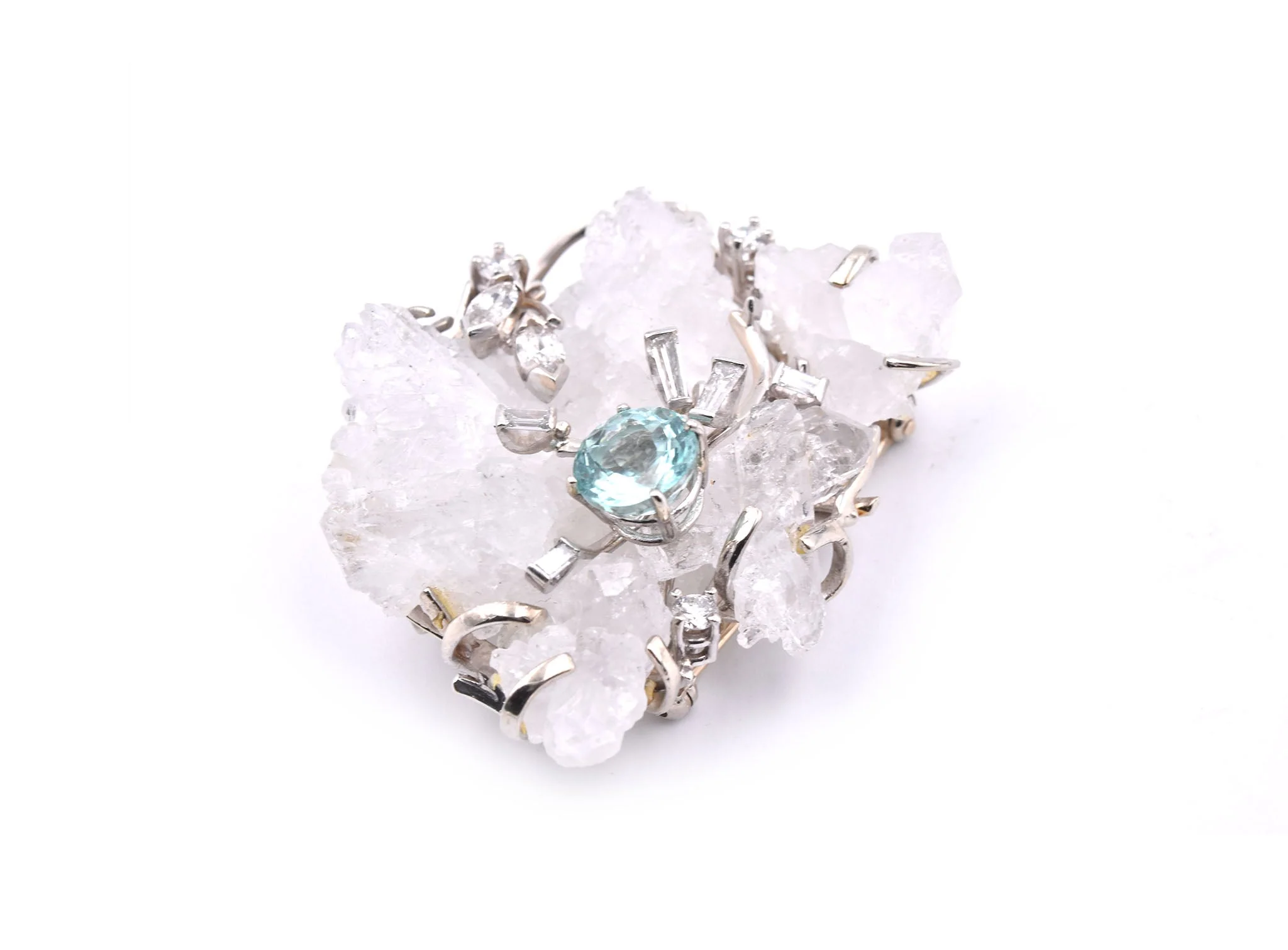 14k White Diamond, Tourmaline and Crystal Quartz Vintage Pin - Image 2