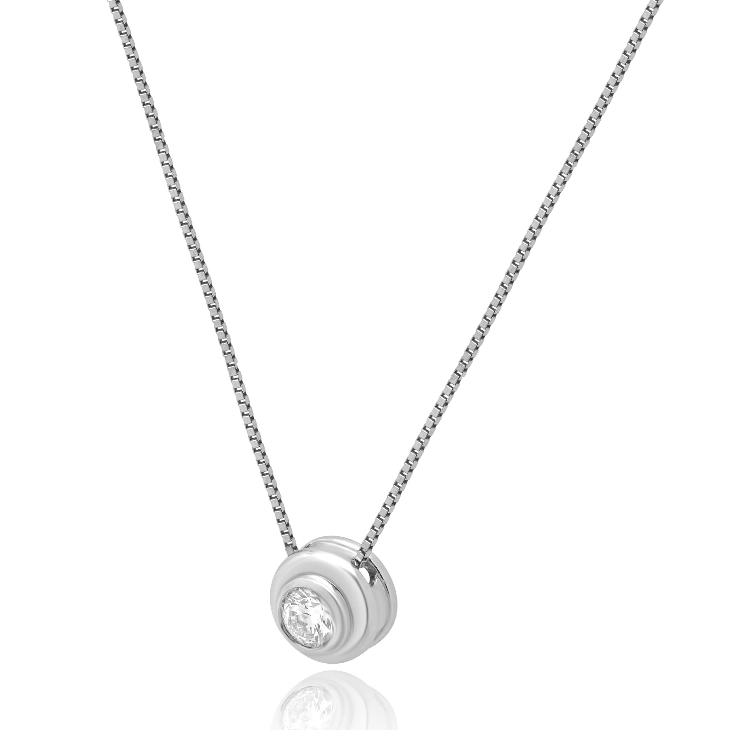 14K White Gold and Bezel Set Round Brilliant Cut Diamond Solitaire Pendant Necklace 17.75" - Image 2