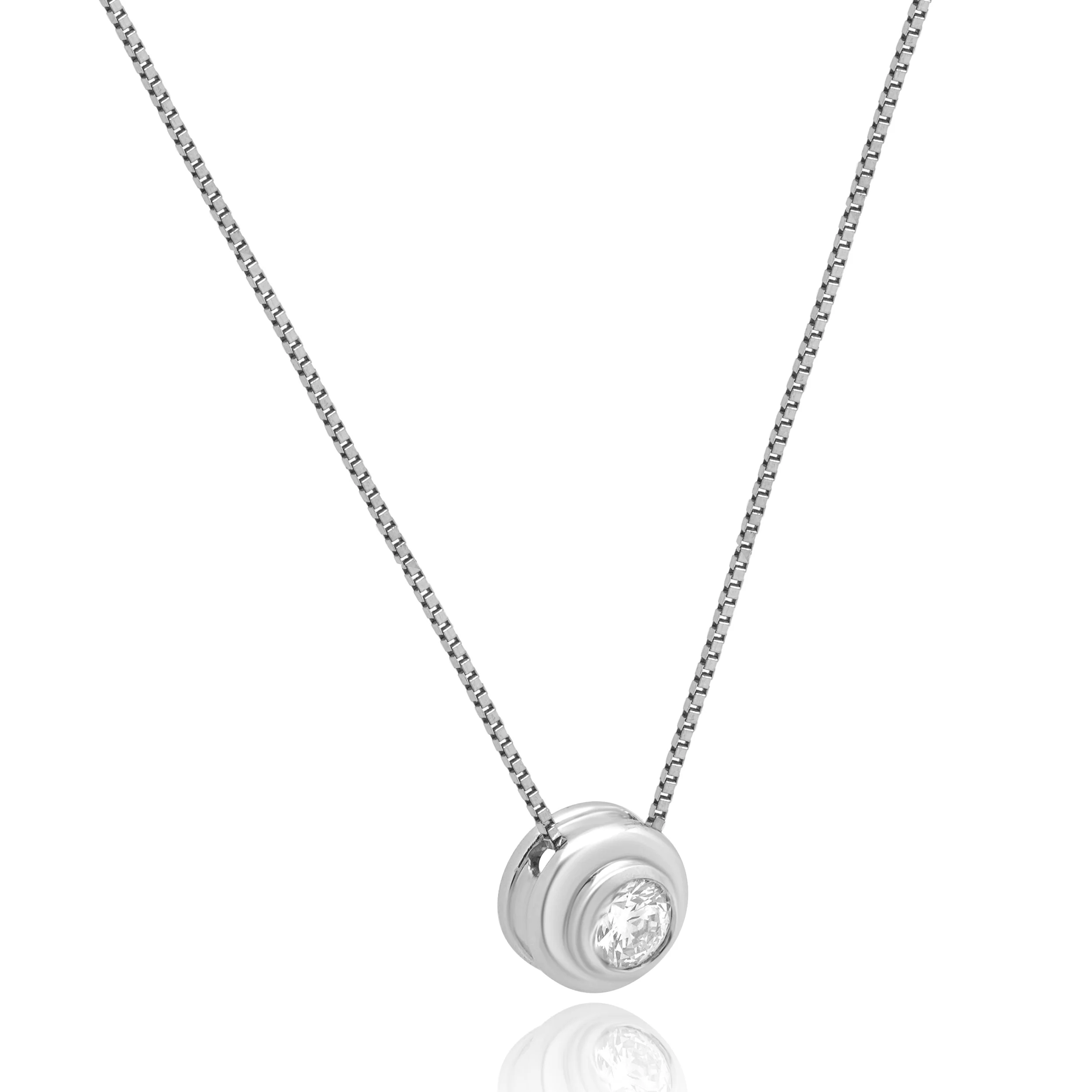 14K White Gold and Bezel Set Round Brilliant Cut Diamond Solitaire Pendant Necklace 17.75" - Image 3