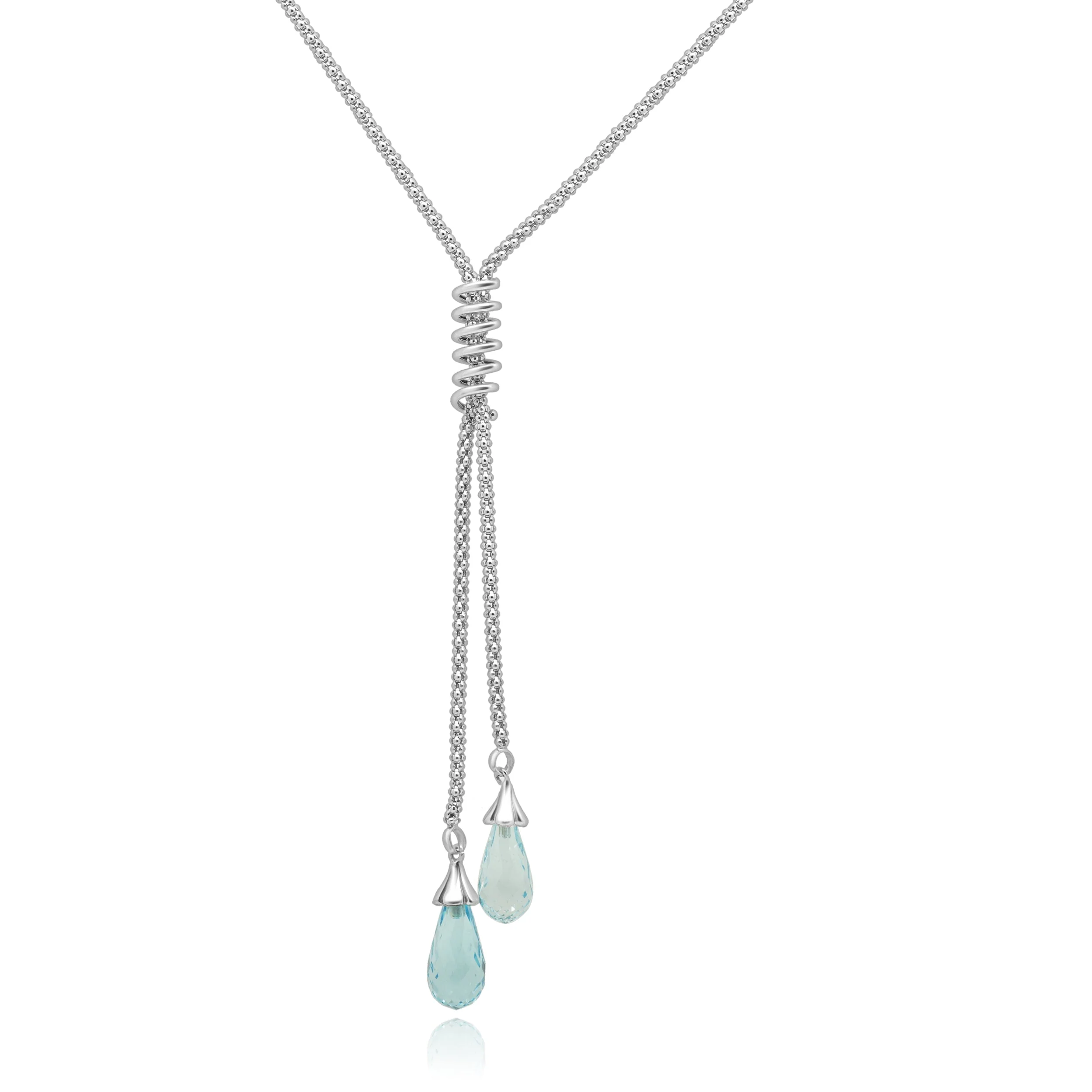 14K White Gold and Briolette Cut Blue Topaz Lariat Necklace 16.75"