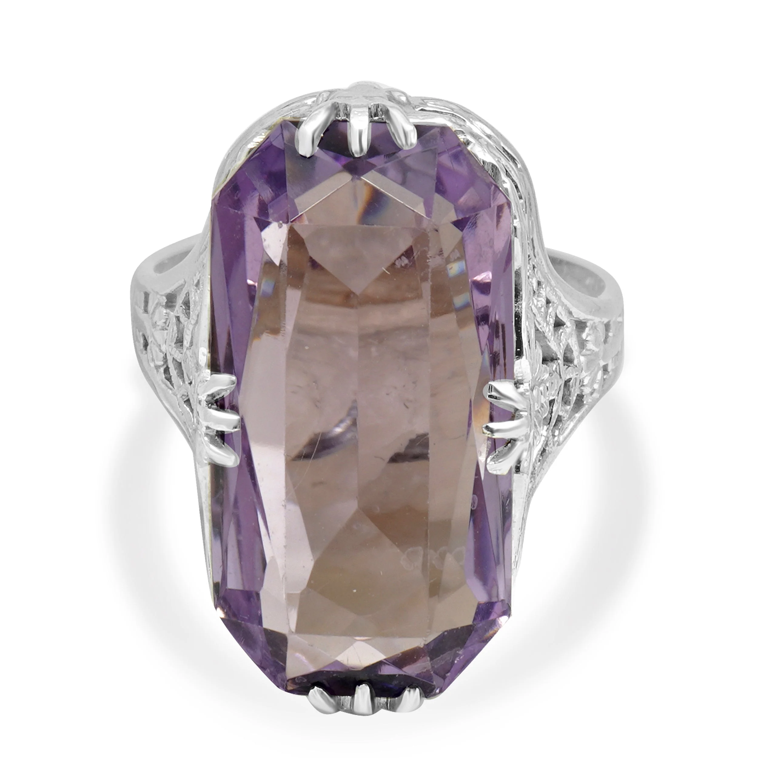 14K White Gold and Fancy Cut Amethyst Solitaire Art Deco Ring