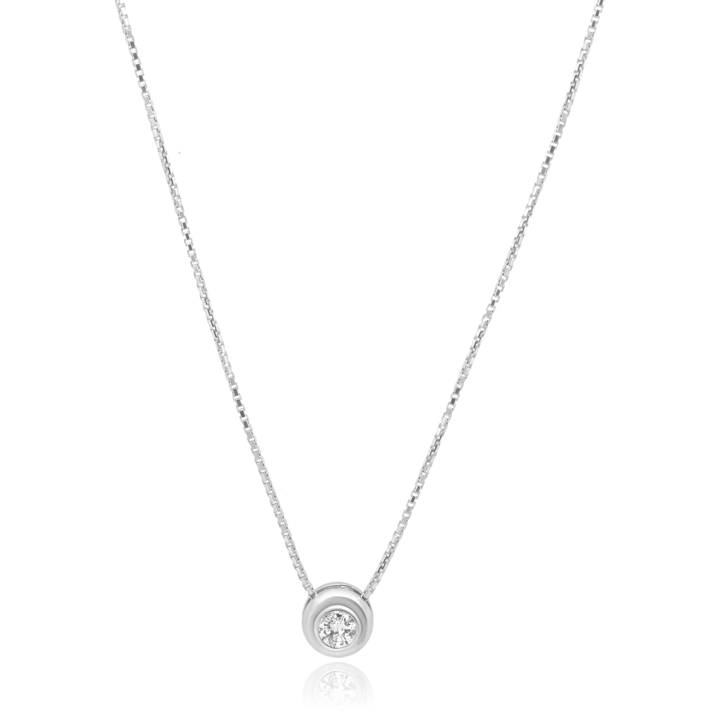 14K White Gold Bezel Set Round Brilliant Cut Diamond Solitaire Pendant Necklace 16.0"