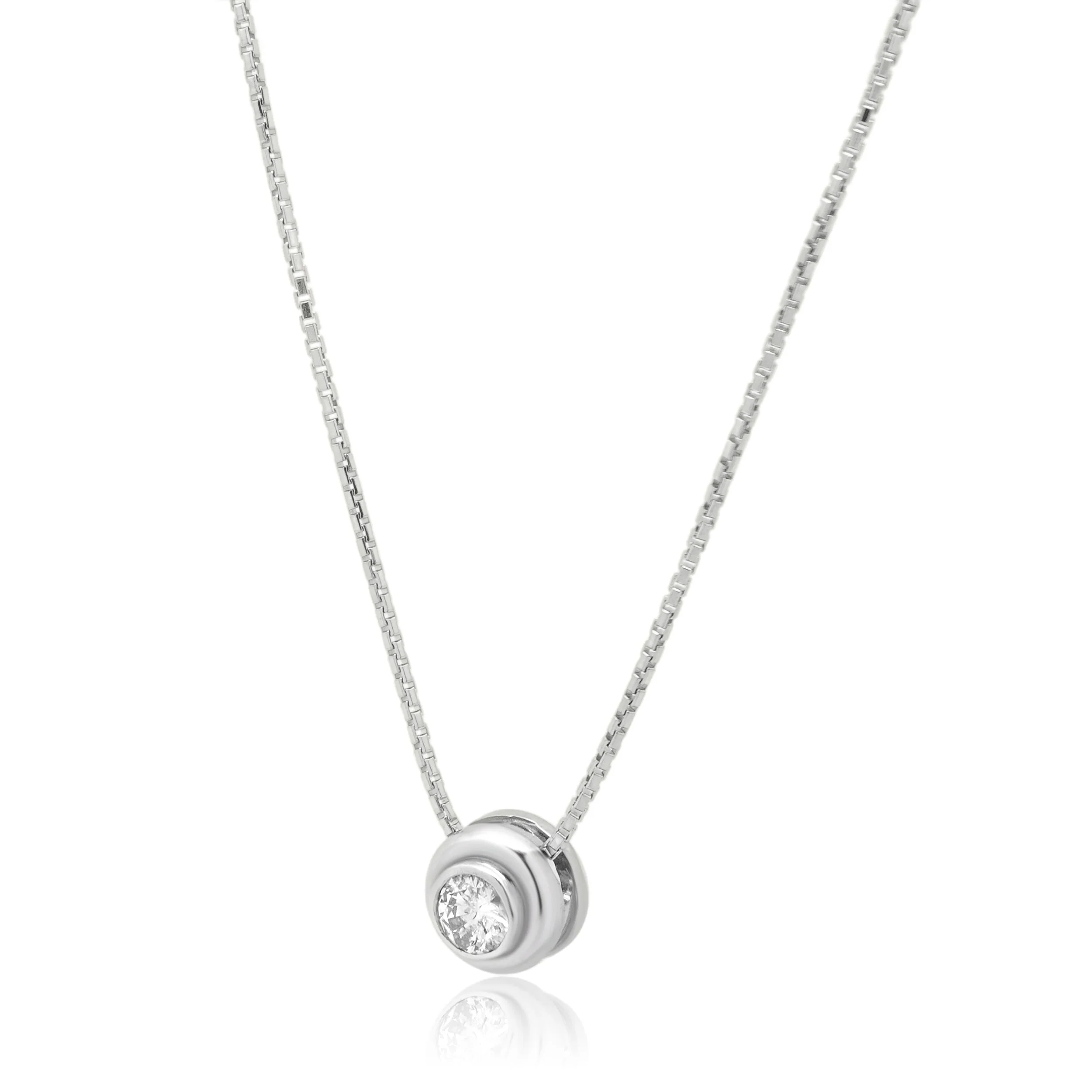 14K White Gold Bezel Set Round Brilliant Cut Diamond Solitaire Pendant Necklace 16.0" - Image 2