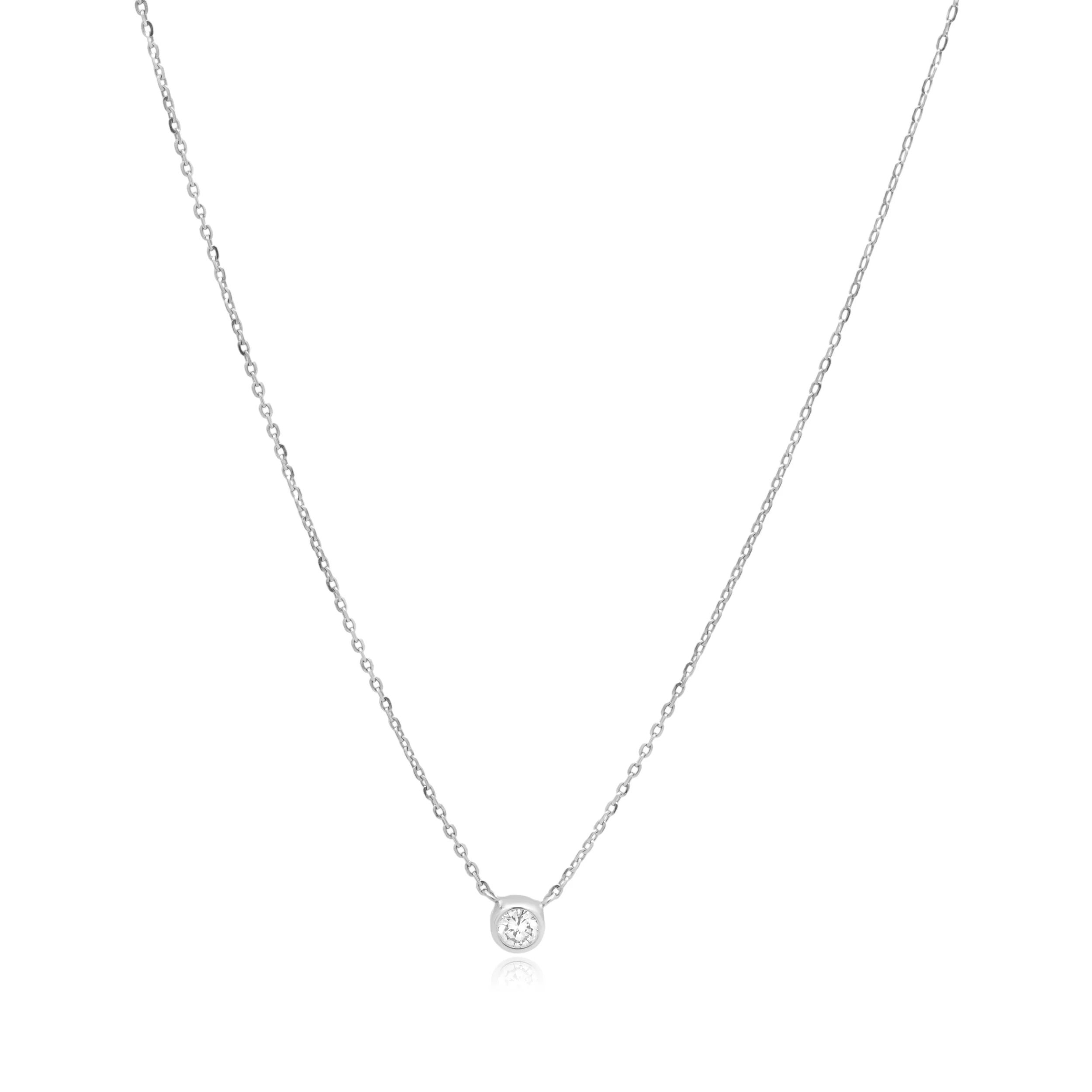 14K White Gold Bezel Set Round Diamond Solitaire Necklace 16.0"